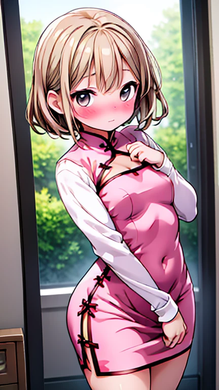 masterpiece:1.2, highest quality), (Realistic, photoRealistic:1.4), Beautiful illustrations, (Natural Side Lighting, Cinema Lighting), Browsing Caution, View your viewers,, Front view:0.6 , Perfect Face, Cute and symmetrical face, Shiny skin, A woman with short brown hair.Slightly chubby,The breasts are small,The butt is small,Brown eyes, Center parted hair,, cute, blush, China dress