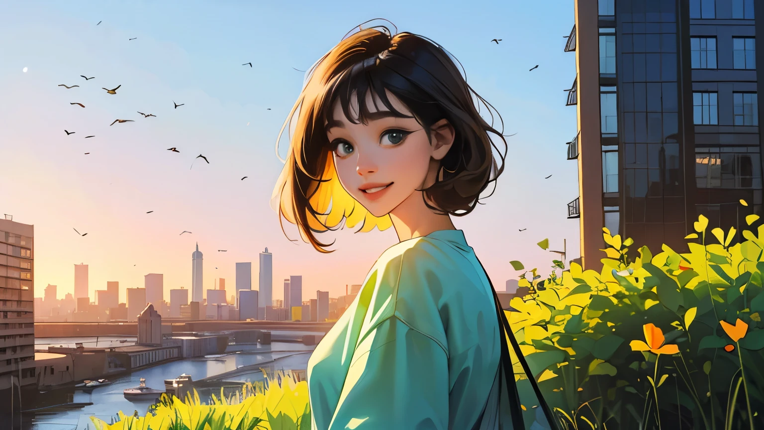 ((masterpiece)),(((bestquality))),((ultra-detailed)) realisticlying, 1 girl, Beautiful, black hair, happy, solo, The sky turnsat morning, looking to viewer, soft green, city.