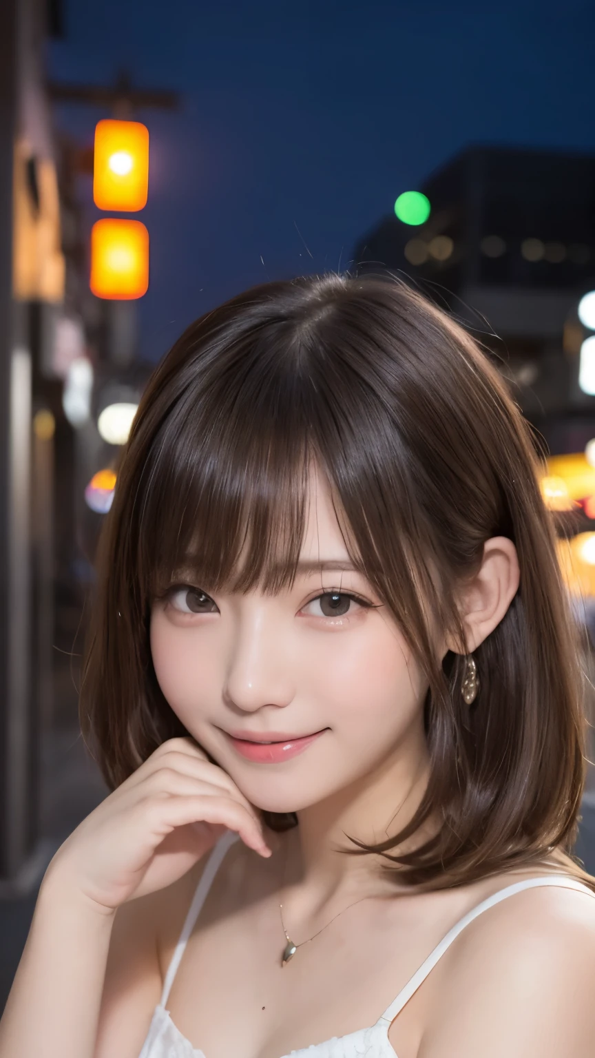 portrait, highest quality, ((Professional photos, RAW Photos)), Insanely Real, Very delicate and beautiful, Ultra-high resolution, Realistic lighting and shading, neon , night , Shibuya in japan , 16 years old , Numerous hair ornaments in her hair. Cute and colorful dress. Numerous light objects in the shape of light flying around., viewer's perspective , random cute pose , paw pose , face closeup huge shy smile