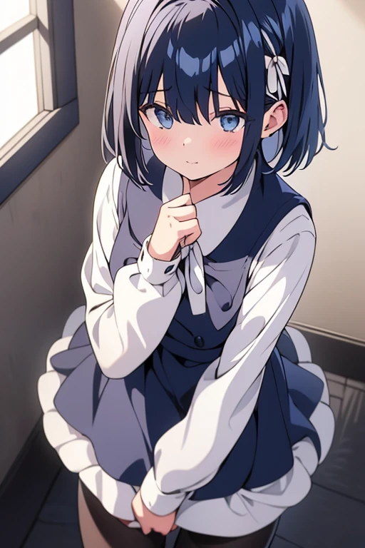 (One girl), (alone), (Focus on women), Focus on the face, blue eyes, navy hair, short hair, white one side hair ribbon, shiny skin, cowboy shot, blunt parted bangs,1 ahoge, make out, shy,POV,Tsundere,room,white one side hair ribbon,((Black tights)),Navy Blue Skirt,White shirt,little smile,