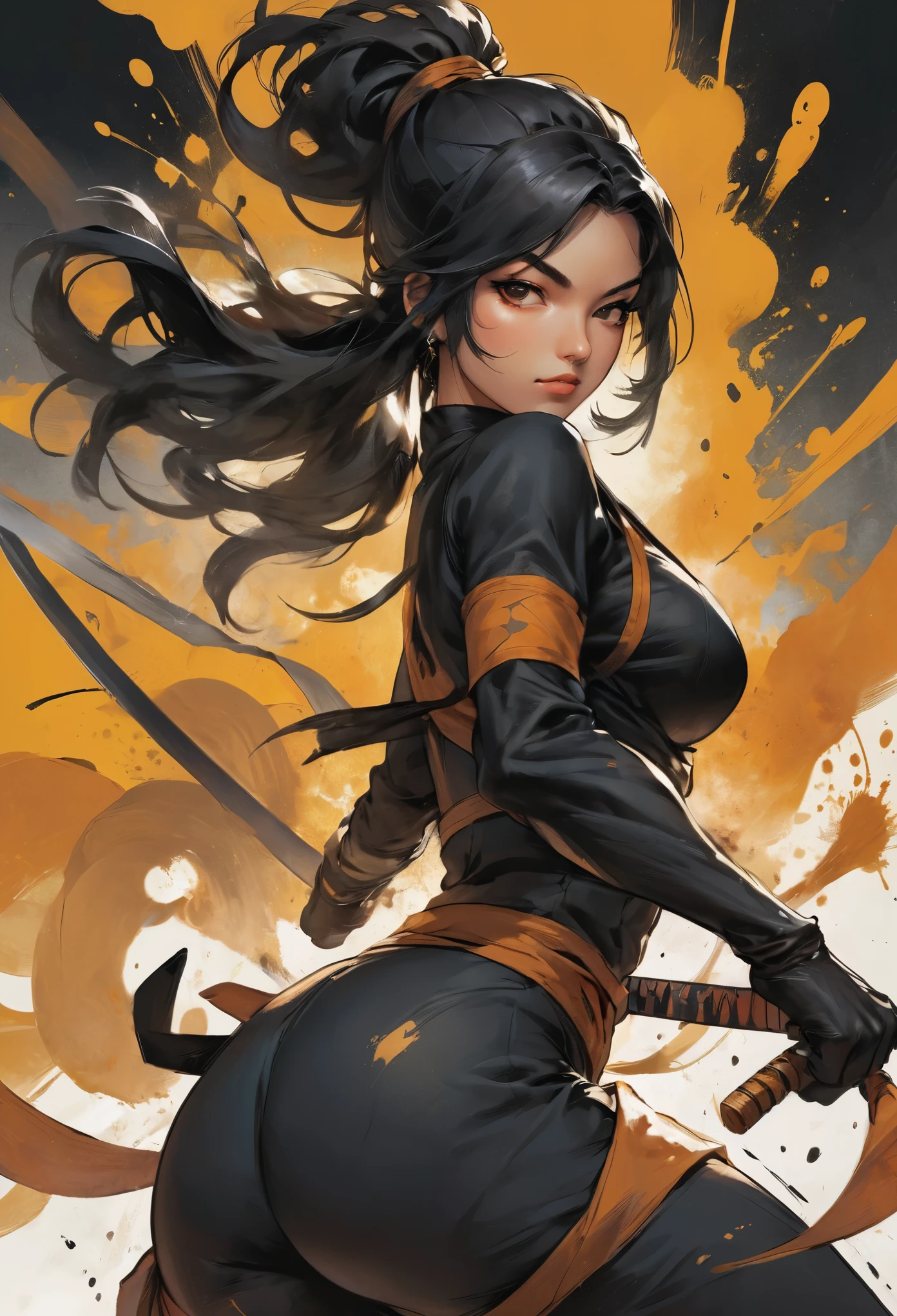 (poster art):1.5), ((full body illustration):1.2), ((1990s comic book style):1.3),((Movie-like still images and dynamic angles):1.3), ((cool and beautiful):1.1), ((Unparalleled sharpness and clarity):1.1), ((Radiosity rendered in stunning 32K resolution):1.3). | female ninja, black and amber, ninja tabi, stealth atmosphere, Ink splatter background. | She is adopting a ((dynamic_pose as interacts, boldly moving a exciting way):1.3), (genuine、photogenuineistic、photogenuineistic: 1.37), ((perfect_pose):1.5), (((upper body))),((perfect_fingers, better_hands, perfect_hands, perfect_legs):0.7), (((More_Detail))).