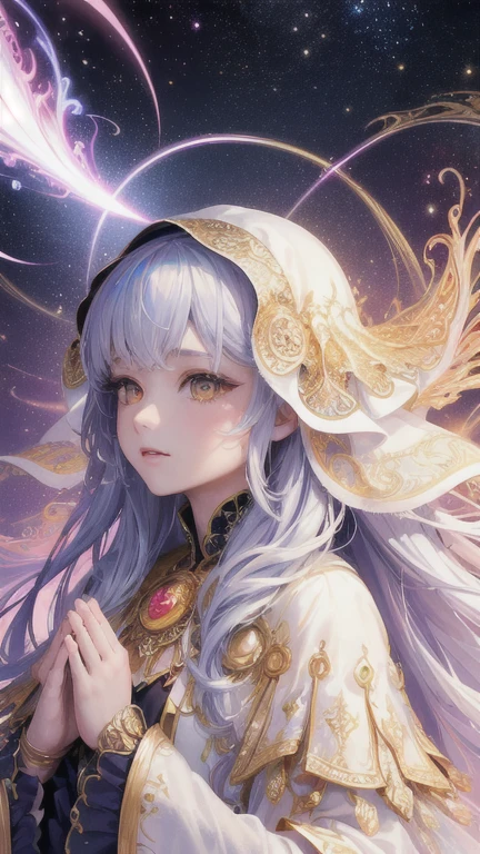 (masterpiece, top quality, best quality, official art, beautiful and aesthetic:1.2), (1girl), extreme detailed, (fractal art:1.3), colorful, highest detailed, perfect face, upper body, HDR, (praying:1.3), (white cloak golden lines:1.2), galaxy, (light streaks), striking visuals, (dynamic streaks, luminous trails:1.2), vibrant colors, 