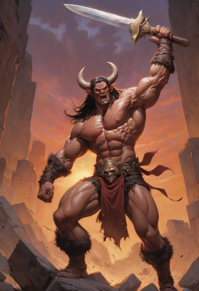 (poster art):1.5), ((full body illustration):1.2), ((1990s comic book style):1.3),((Movie-like still images and dynamic angles):1.3), ((cool and beautiful):1.1), ((Unparalleled sharpness and clarity):1.1), ((Radiosity rendered in stunning 32K resolution):1.3). | muscled, bare-chested male Tiefling Barbarian Berserker with high strength and constitution,fighting unarmored as it allows for higher mobility, swinging claymore, setting sun background. | He is adopting a ((dynamic_pose as interacts, boldly moving a exciting way):1.3), (genuine、photogenuineistic、photogenuineistic: 1.37), ((perfect_pose):1.5), (((upper body))),((perfect_fingers, better_hands, perfect_hands, perfect_legs):0.7), (((More_Detail))).