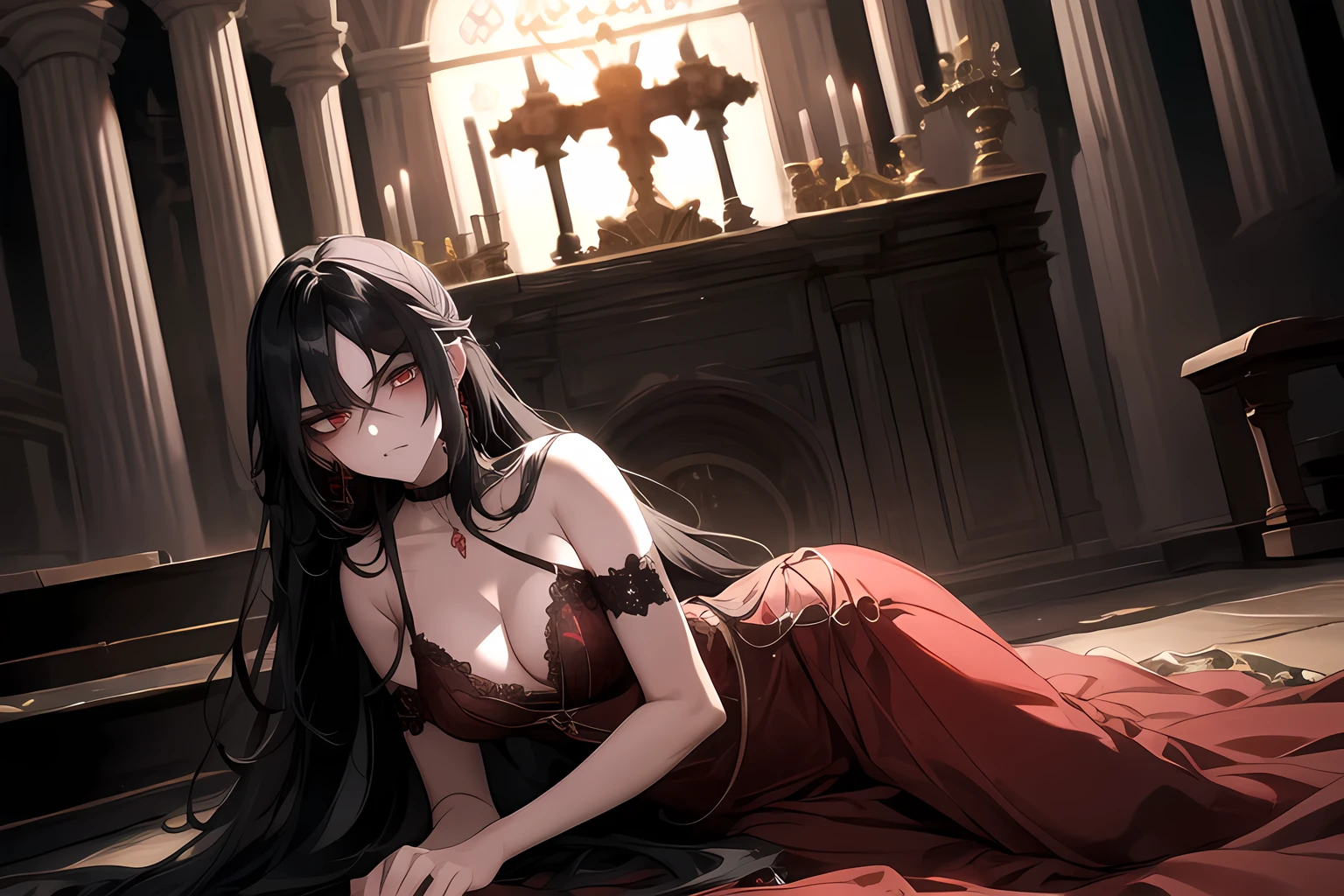 1 girl, tosca hair, long hair, red eyes, long dress, jewelry, dancer, dungeon, dark, hard lighting, angry, fear, scared, laying down, on side, bruises, hurt, detailed eyes, extremely detailed eyes, detailed face, cleavage, background altar