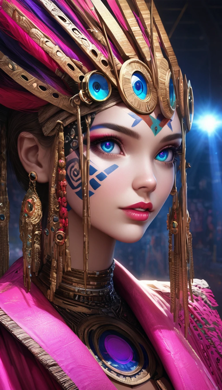 (best quality,4k,8k,highres,masterpiece:1.2),ultra-detailed,realistic:1.37,(stylish magazine cover): innovative makeup,supermodel,tribal makeup,futuristic beauty,detailed eyes and lips,beautiful detailed eyes,beautiful detailed lips,extremely detailed eyes and face,long eyelashes,glamorous look,vibrant colors,eye-catching background,creative fashion,high fashion,avant-garde style,runway makeup,edgy,high contrast,professional lighting,magazine-worthy,striking composition