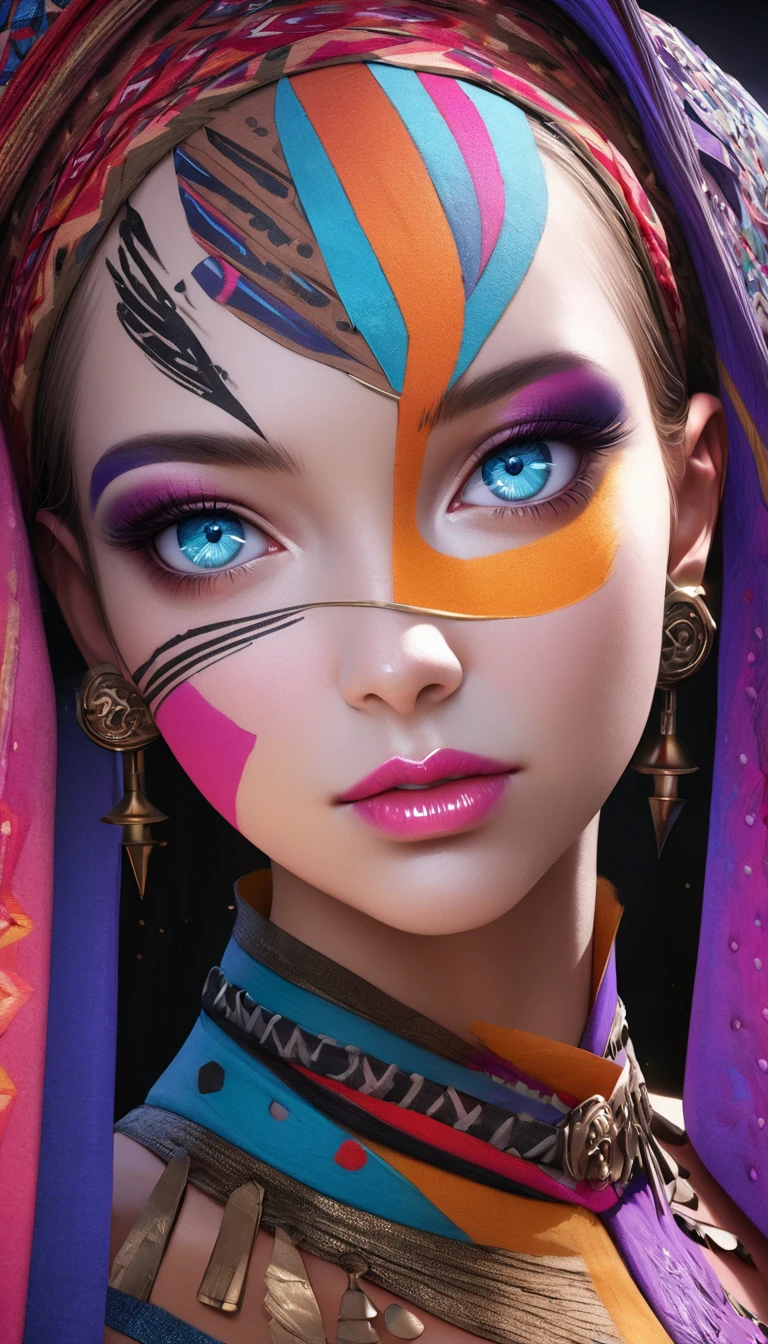 (best quality,4k,8k,highres,masterpiece:1.2),ultra-detailed,realistic:1.37,(stylish magazine cover): innovative makeup,supermodel,tribal makeup,futuristic beauty,detailed eyes and lips,beautiful detailed eyes,beautiful detailed lips,extremely detailed eyes and face,long eyelashes,glamorous look,vibrant colors,eye-catching background,creative fashion,high fashion,avant-garde style,runway makeup,edgy,high contrast,professional lighting,magazine-worthy,striking composition
