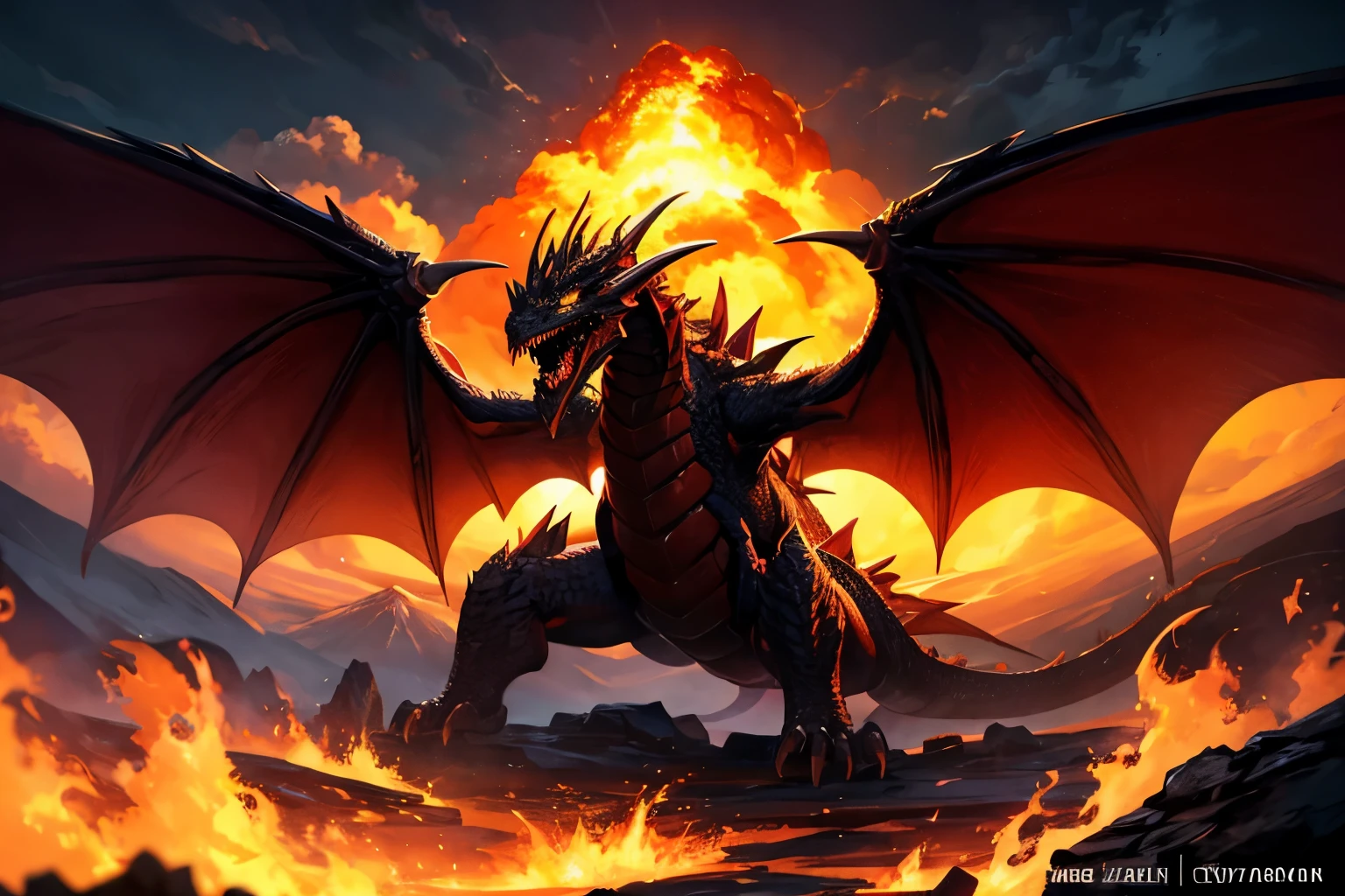 Silhouette Art, Background of an erupting volcano, Fire-breathing dragon silhouette, Dragon only, Solo, Dynamic Pose, masterpiece,