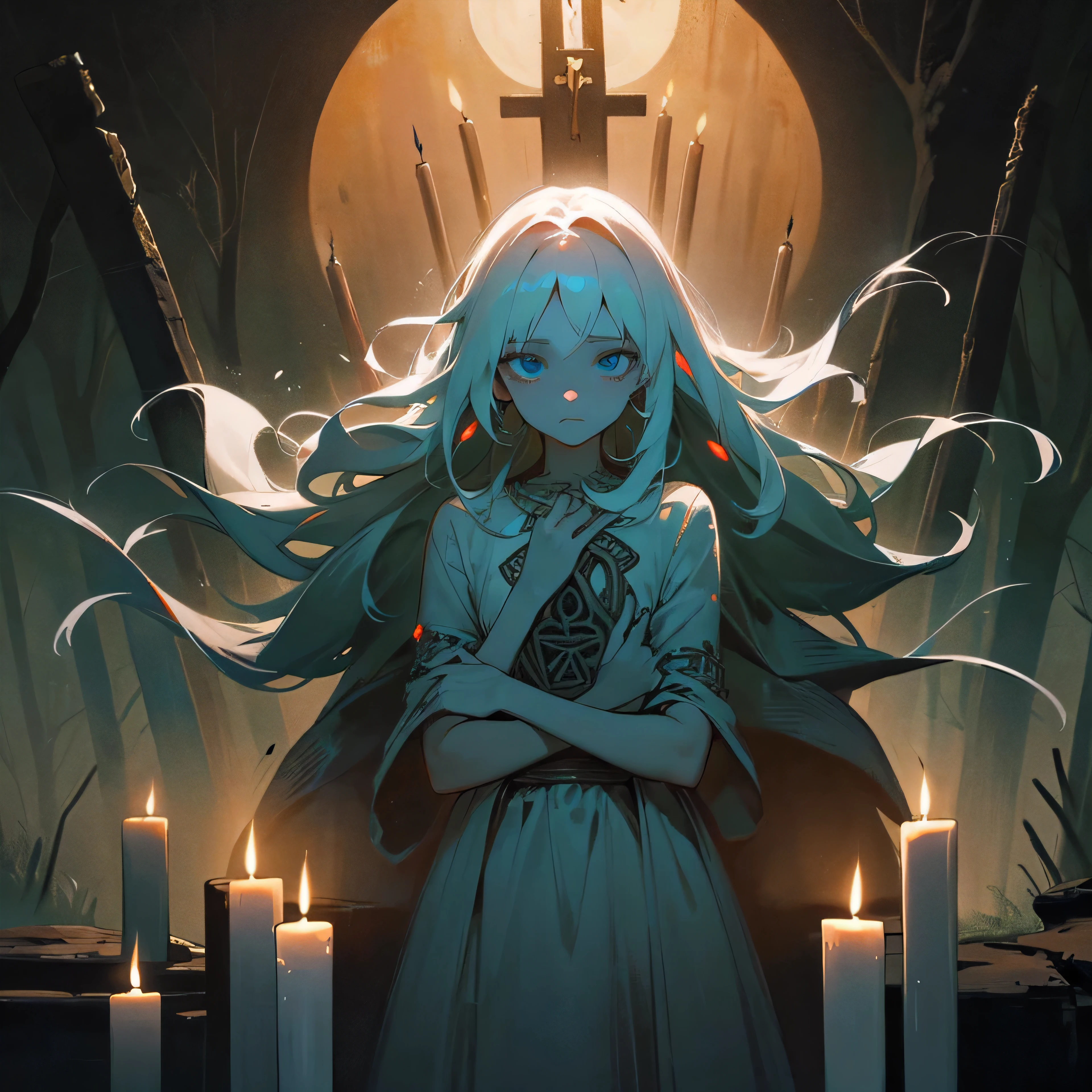 The Virgin sacrifice, oil painting, beautiful detailed girl with long white hair and blue eyes, delicate features, frightened expression, flowing white dress, surrounded by dark forest, moonlight shining through the trees, eerie atmosphere, mystical ritual, ancient runes carved on stone altar, soft glow from ceremonial candles, dramatic lighting, hauntingly beautiful, dark color palette