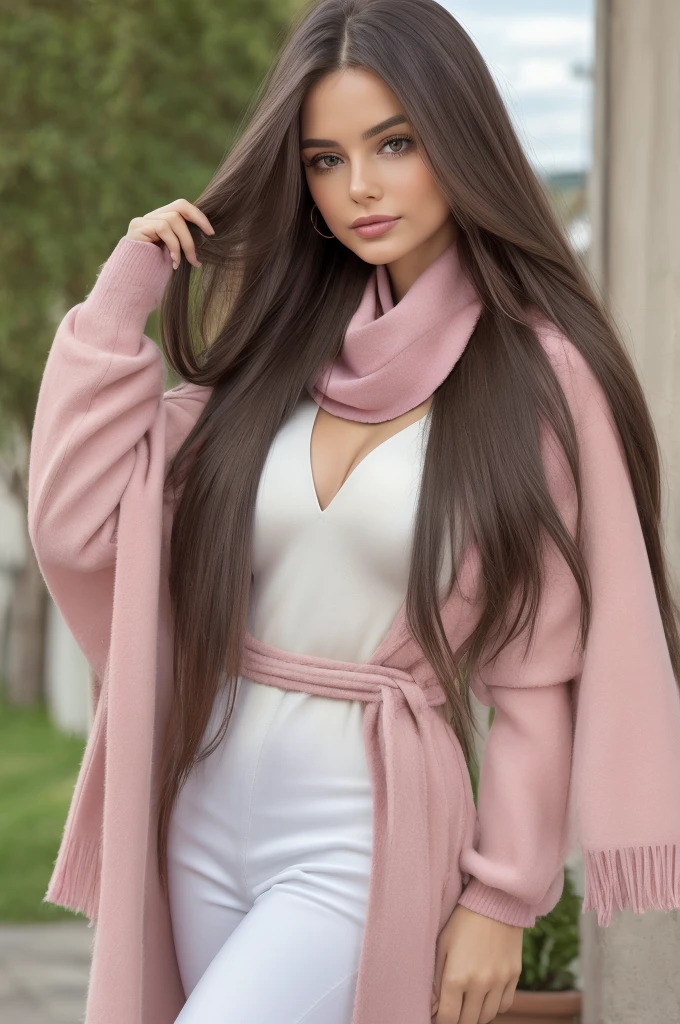 Professional photograph, best quality, 8K, hyper detailed, half body, A close up portrait of a Gorgeous, pretty, warm-hearted, kind-hearted, good-hearted, stunning, cheerful, sweet, polite, sensitive, sensible, shiny, charming, alluring, dreamy, graceful, majestic, classy, stylish, flowing super long brown haired argentinian woman. Flowing hair, silky hair, glowing hair, ethereal argentinian beauty, exotic argentinian beauty, timeless argentinian beauty, dream argentinian beauty. She has the cutest face, beaming countenance, fair porcelain skin, soft make-up, red lipstick, she is wearing a black leather double breast trench coat, sweater, skinny trousers, knee high boots, and a pink scarf.