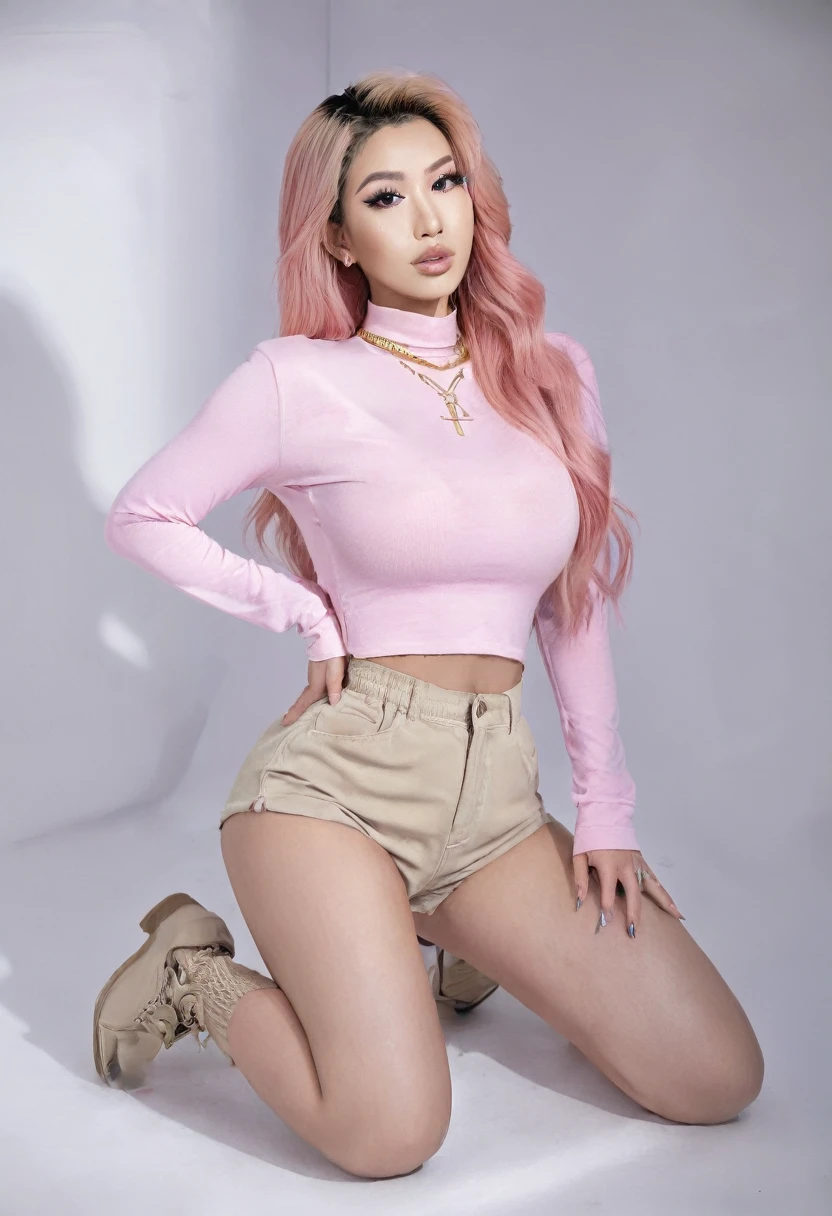 Asian girl,bimbo,bronze tan,chubby cheeks,enlarged lips,big blue eyes,long straight hair blonde ,gigantic lips,Huge fake tits ,narrow waist,gigantic ass,huge round ass,wide hips,thick thighs,pumped claves,long legs,chubby shapes,(clothes:longsleeve beige, High-waisted tight pink shorts,black knee high socks, Stripper shoes black,choker,necklace,earrings),long black fingernails,manicure,(orgasm face),(face of ecstasy),(ahegao face),(high quality),(hyper realistic),( realism),(8K,UHD),tattoo chest,tattoo arms,tattoo shoulder, Tattoo on the hips,tattoo on the lower back,(sexy pose,dancing twerk,kneeling),looking at camera,(bright makeup,smoky eyes ),((masterpiece)),(role model:dancer ),((detailed face)),solo,pumped ass,perfect body,very tan skin,(location:dance studio ),(piercing nose,piercing eyebrow,piercing lip),half face,top view ,(full body:1.5)
