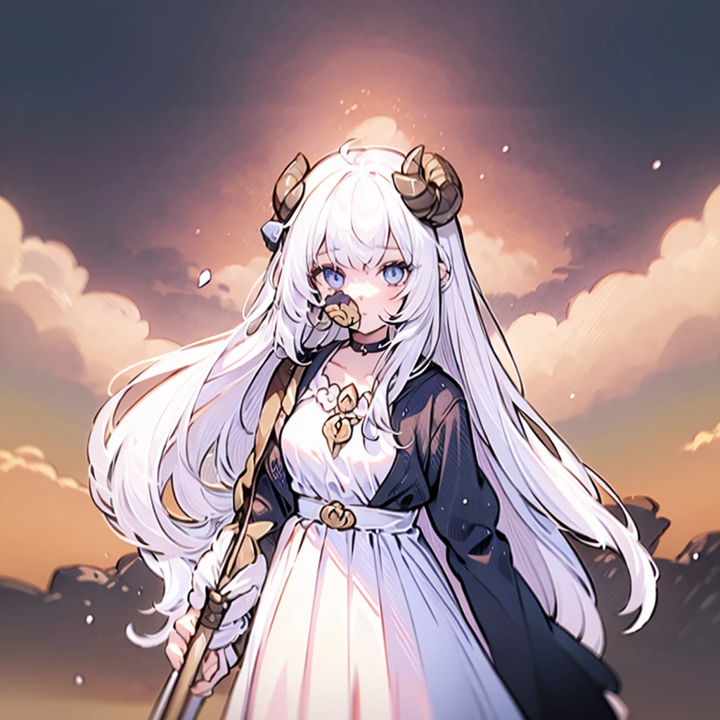 ((masterpiece)), ((bestquality)), 1 girl, solo, -yeld gi white hair, blue eyes, detailed face, dragonian_head, dragonian_body, dragonian_hairstyle, dragonian_horns, dragonian_tail, white tail, white long dress, black choker, close range, holding hammer, weapon, sky background
