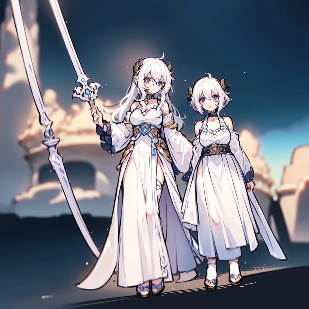 ((masterpiece)), ((bestquality)), 1 girl, solo, , white hair, blue eyes, detailed face, dragonian_head, dragonian_body, dragonian_hairstyle, dragonian_horns, dragonian_tail, white tail, white long dress, black choker, close range, holding hammer, weapon, sky background