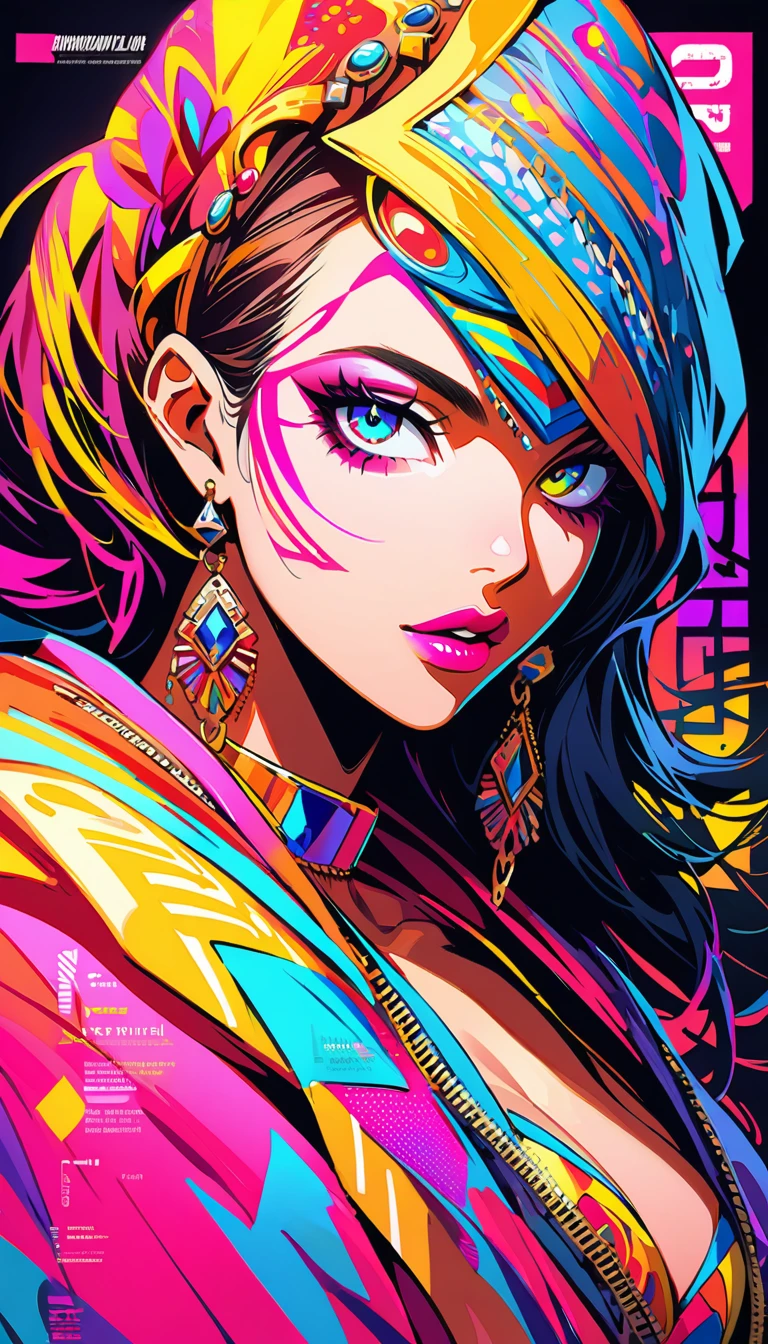 (stylish magazine cover):innovative makeup,supermodel,tribal makeup,futuristic beauty,detailed eyes and lips,beautiful detailed eyes,beautiful detailed lips,extremely detailed eyes and face,long eyelashes,glamorous look,vibrant colors,eye-catching background,creative fashion,high fashion,avant-garde style,runway makeup,edgy,high contrast,professional lighting,magazine-worthy,striking composition