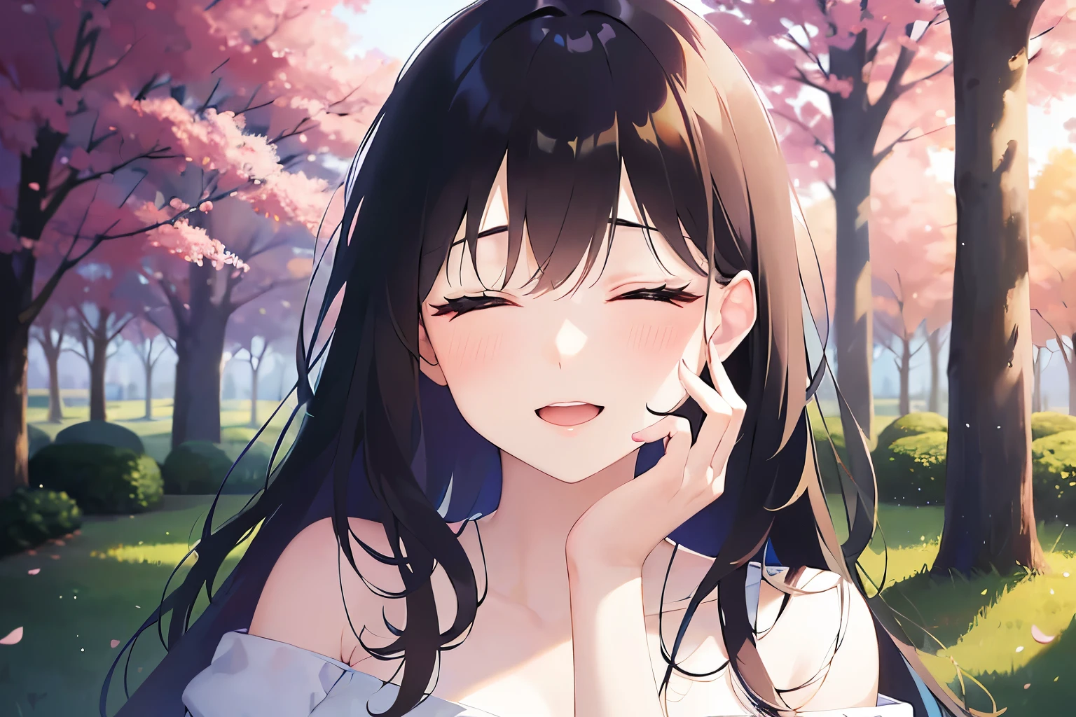 Placing hand on face、Biologically correct five fingers、upper body, Realistic, real person, (pale skin: 1.2), (RAW photo:1.5), photorealistic, shiny skin, shiny hair、(A 25-year-old woman with straight hair and bangs) and (medium hair) and (black hair) and (closed eyes:1.5), (white:1.5) and (off shoulder blouse:1.2), smile, open mouth, The background is a park、alone、Are standing