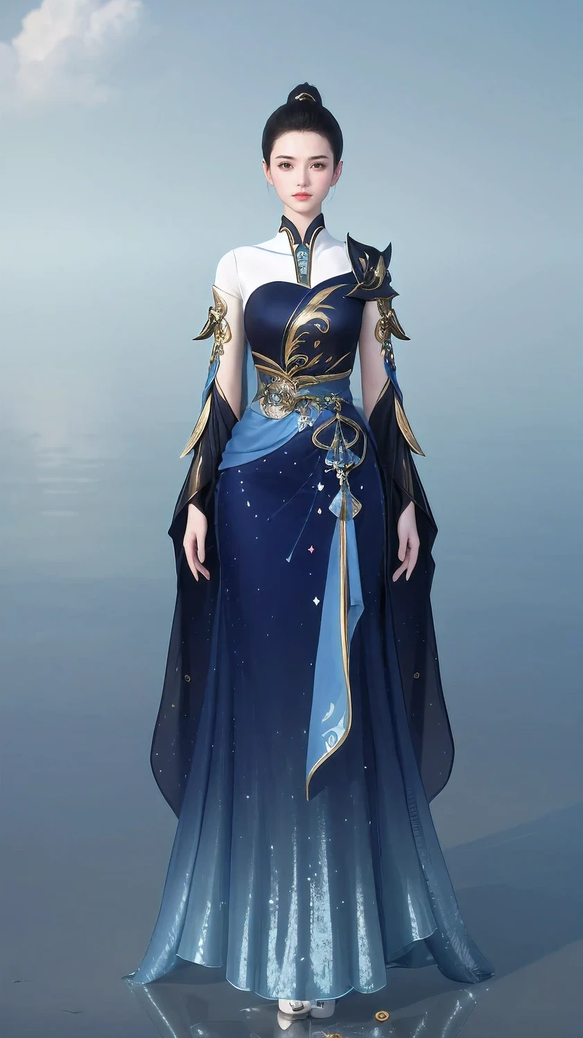 1 female（beautiful face），unique，full body standing painting，solo，Transparent Background，Original character designs from East Asia，Game character costume design，Gorgeous skirt with layered fish scale sequins，high detail，color grade，White background，ultra high resolution，sharp focus，masterpiece，HD，8k，clear facial features，Clear details