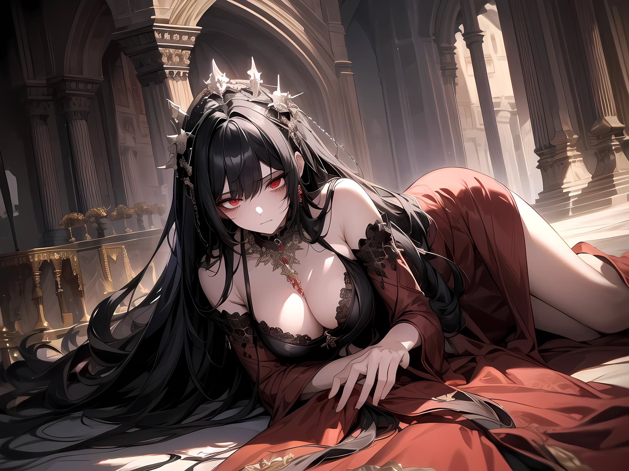 1 girl, black hair, long hair, red eyes, long dress, jewelry, dancer, dungeon, dark, hard lighting, weak, fear, scared, laying down, supine, on side, bruises, hurt, detailed eyes, extremely detailed eyes, detailed face, cleavage, background altar, full body