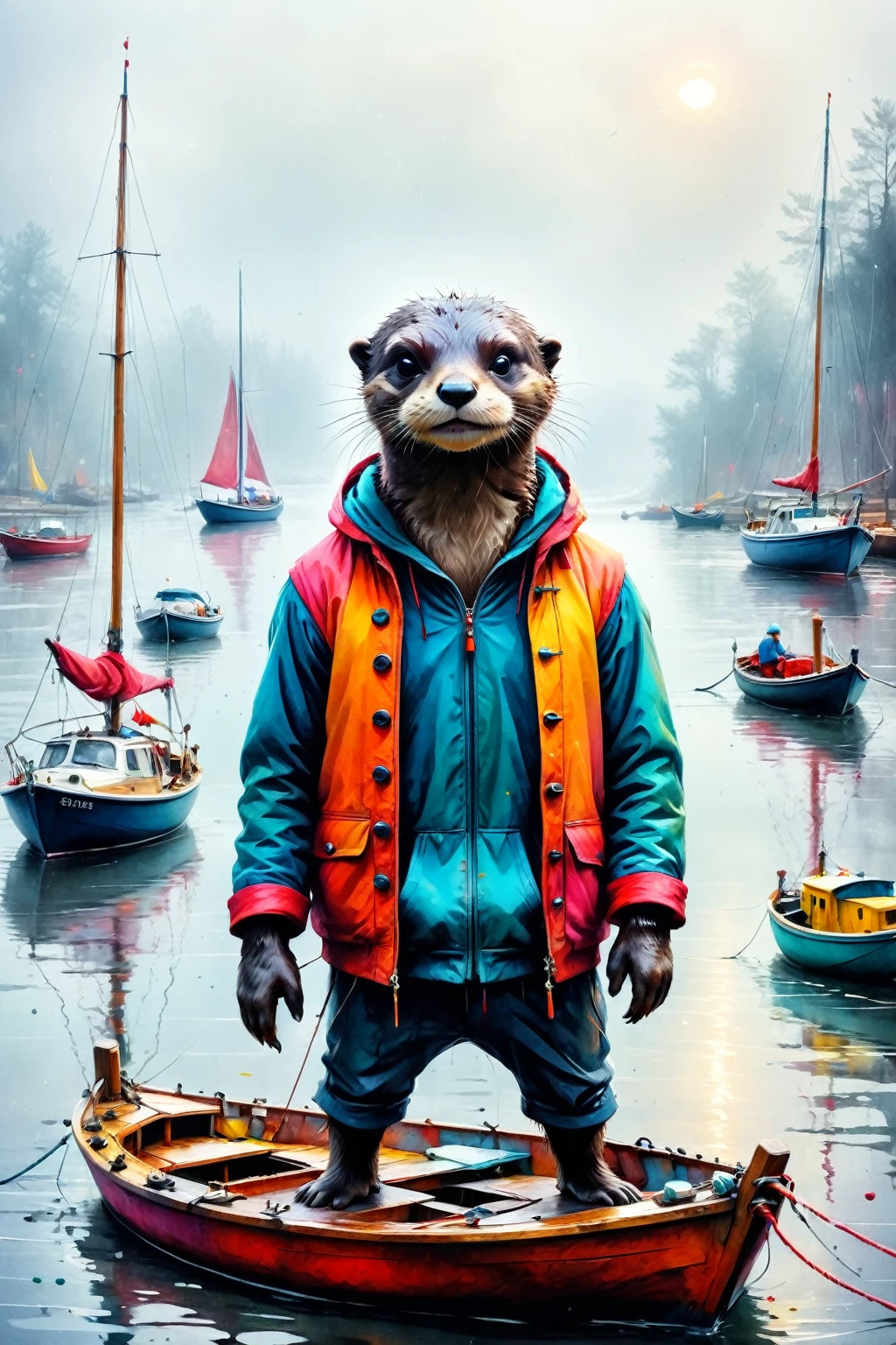 (personification)，Original photo of a skinny otter on a sailboat in a foggy river port,  Super Detail, Surrealism, Bright and colorful paint, Splash of Color