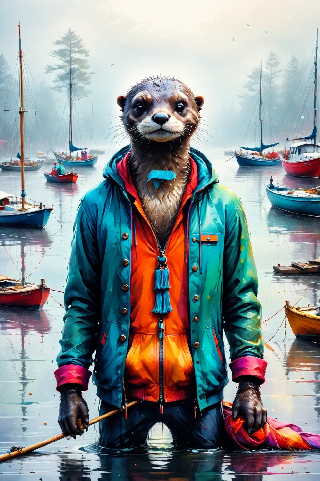 (personification)，Original photo of a skinny otter on a sailboat in a foggy river port,  Super Detail, Surrealism, Bright and colorful paint, Splash of Color