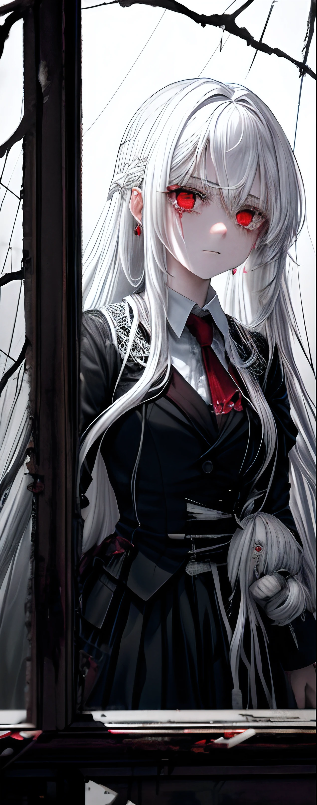 1girll, White hair, Red eyes, (teens girl_Shot:1.2), Face focus, Long hair, side locks,Collapsed crying，Extreme panic，After being violated ，Scared,(terrified:1.1) expression, holding teddy bear, Atmospheric lighting, Moody, Darkness, In an abandoned old museum, Clear glass display case full of interesting items, Dusty, Post-apocalypse, spiderwebs, masterful, Beautiful 8k wallpaper, Extremely detailed, Intricate，Wear a black and white suit，Broken clothes，Bleeding in the lower body