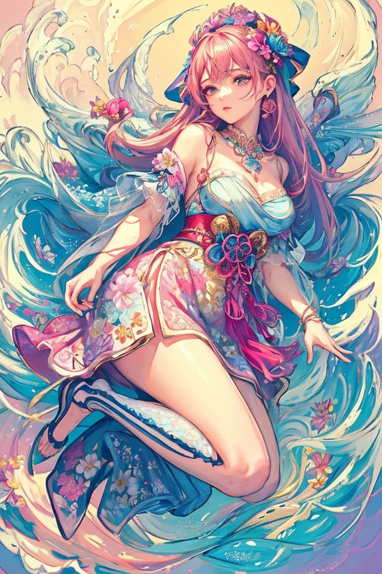 (masterpiece、highest quality、highest quality、Official Art、Beautiful, beautiful:1.2)、Picturesque、sketch、texture、超A high resolution、alone、Beautiful woman、Very detailed、(Fractal Art:1.1)、(colorful:1.1)(Floral:1.6)、Most detailed、(Tangled:1.2)、(Dynamic pose)、(Abstract background:1.3)、(Shiny skin)、(Earrings:1.4)、Taisho romance,blue flower,Ephemeral,(a Dream Castle on the back of a Pink majestic whale) Floating above the clouds in the sky, Dream Castle, Pink majestic whale,(highest quality,4K,8k,High resolution,masterpiece:1.2),Very detailedな, Mysterious, dream-like, Surreal, With a touch of magic, Vibrant colors, Soft and delicate, Melt into the clouds, With a calm and composed look, Surrounded by a mysterious aura, Soft and shiny, Reflects sunlight, Information that creates a breathtaking scene