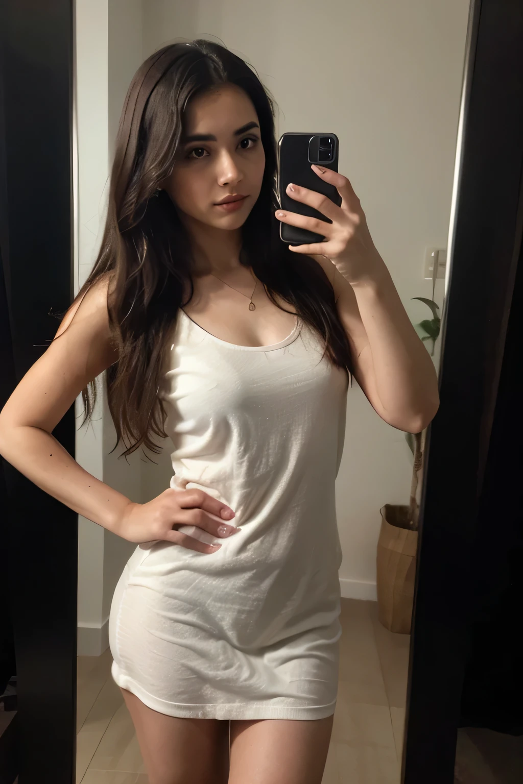 In the stylish way girl is  standing front of the mirror and clicking her picture with hiding her full face by phone only her long hair is showing and pic have little bit blur and black effect for my Instagram profile pic, make the type of pic which I can able to put in my profile pic , & make fabulous and impressive beautiful pic