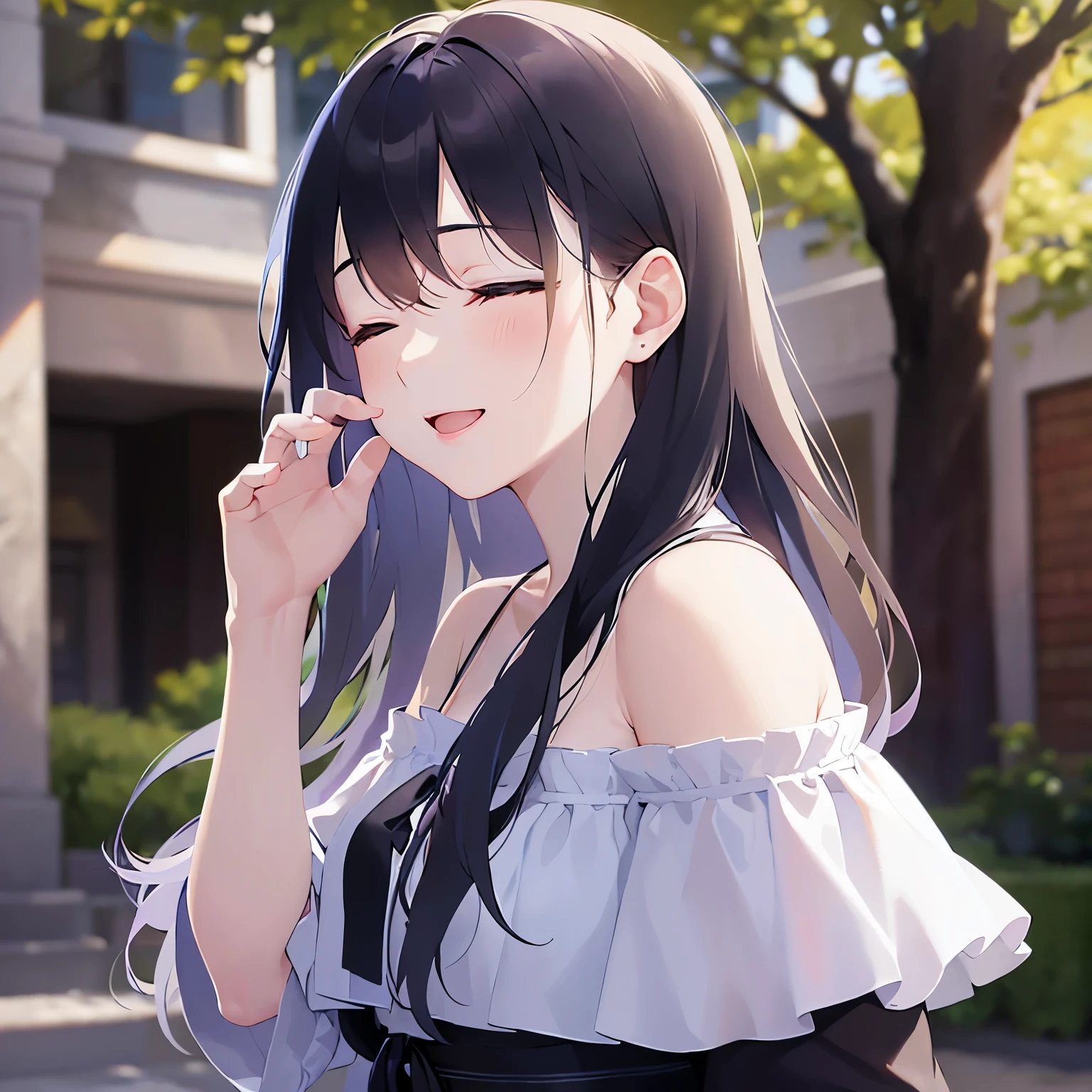 Placing hand on face、Biologically correct five fingers、upper body, Realistic, real person, (pale skin: 1.2), (RAW photo:1.5), photorealistic, shiny skin, shiny hair、(A 25-year-old woman with straight hair and bangs) and (medium hair) and (black hair) and (closed eyes:1.5), (white:1.5) and (off shoulder blouse:1.2), smile, open mouth, The background is a park、alone、Are standing
