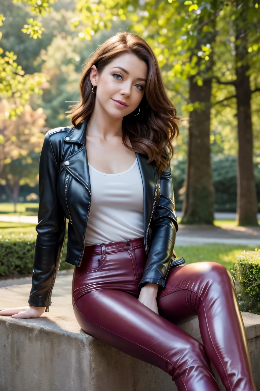 a gorgeous woman (Alyson Hannigan), 25 years old, beautiful woman, skinny, (Masterpiece, best quality, photorealistic, highres, professional photography:1.4), (open short leather jacket:1.25), (short tight tank top:1.1), (tight leather pants:1.2), (stiletto heels:1.3), perfect hands and fingers, realistic skin, perfect body shape, medium breasts, cleavage, (stylish hairstyle, extremely detailed hair), delicate sexy face, detailed face, playful gaze, sexy smile, glossy lips, background posing in Melbourne, in park, green trees, beautiful flowers, sunny day, cinematic light, fashion photograph, film, bokeh, 4k, shot on Canon, 85mm, kodak vision color, extremely detailed, foto_\(ultra\), post-processing, maximum detail, roughness, real life, ultra realistic, photorealism, photography, 8k uhd, ((soft illumination, highly detailed, realistic, super realistic, realism, realistic detail)), full body portrait