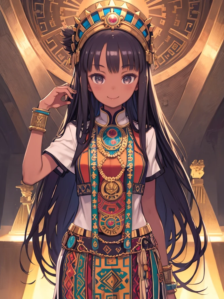 masterpiece、highest quality、High resolution、Very detailed、Beautiful eyeedium wide shot、Girl、Dark Skin、Ancient Aztecs、pyramid、Remains、Aztec national costume、Smiling、
