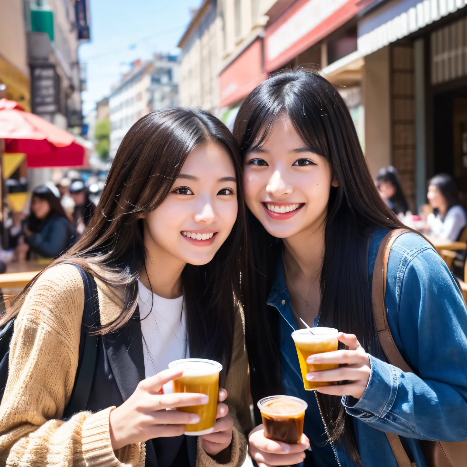 (best quality, 4k, high-res, ultra-detailed, realistic:1.37), two stunning girls, both resembling Satomi Ishihara, with long black hair, shining bright smiles on their faces, in casual outfits, standing in front of a vibrant café on the street. They happily chat with each other while taking a selfie with their smartphones. The selfie perfectly captures their warmth and excitement, showcasing their delightful bond.
