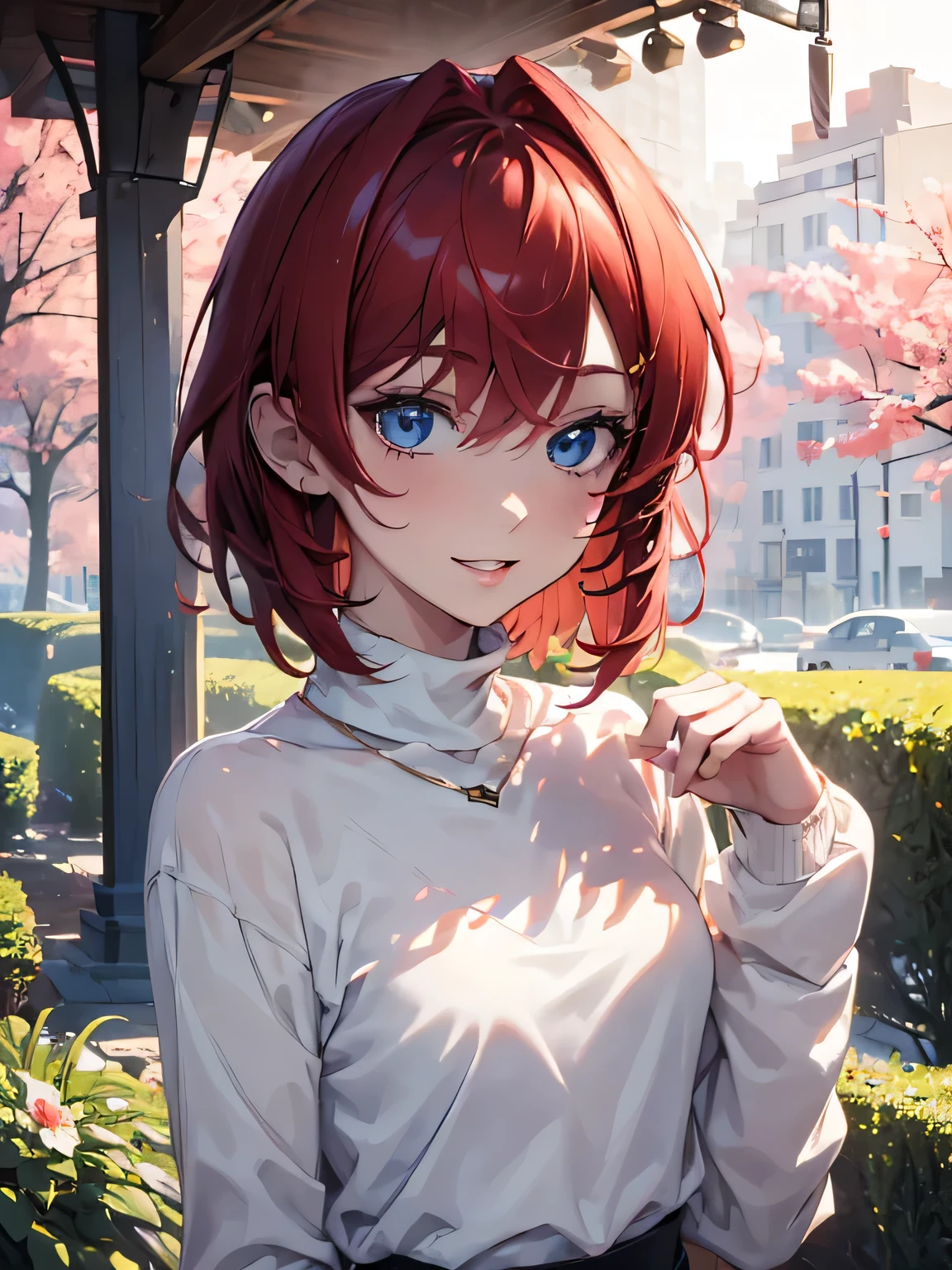 (masterpiece, best quality:1.4), 8k,  Red Short Hair, Young adult, anime girl, Smiling, Teasing, light Blue Eye, Flat chest, Black Turtleneck, White Sweater, in the Park (detailed eyes and face, sharp pupils, realistic pupils:0.6)