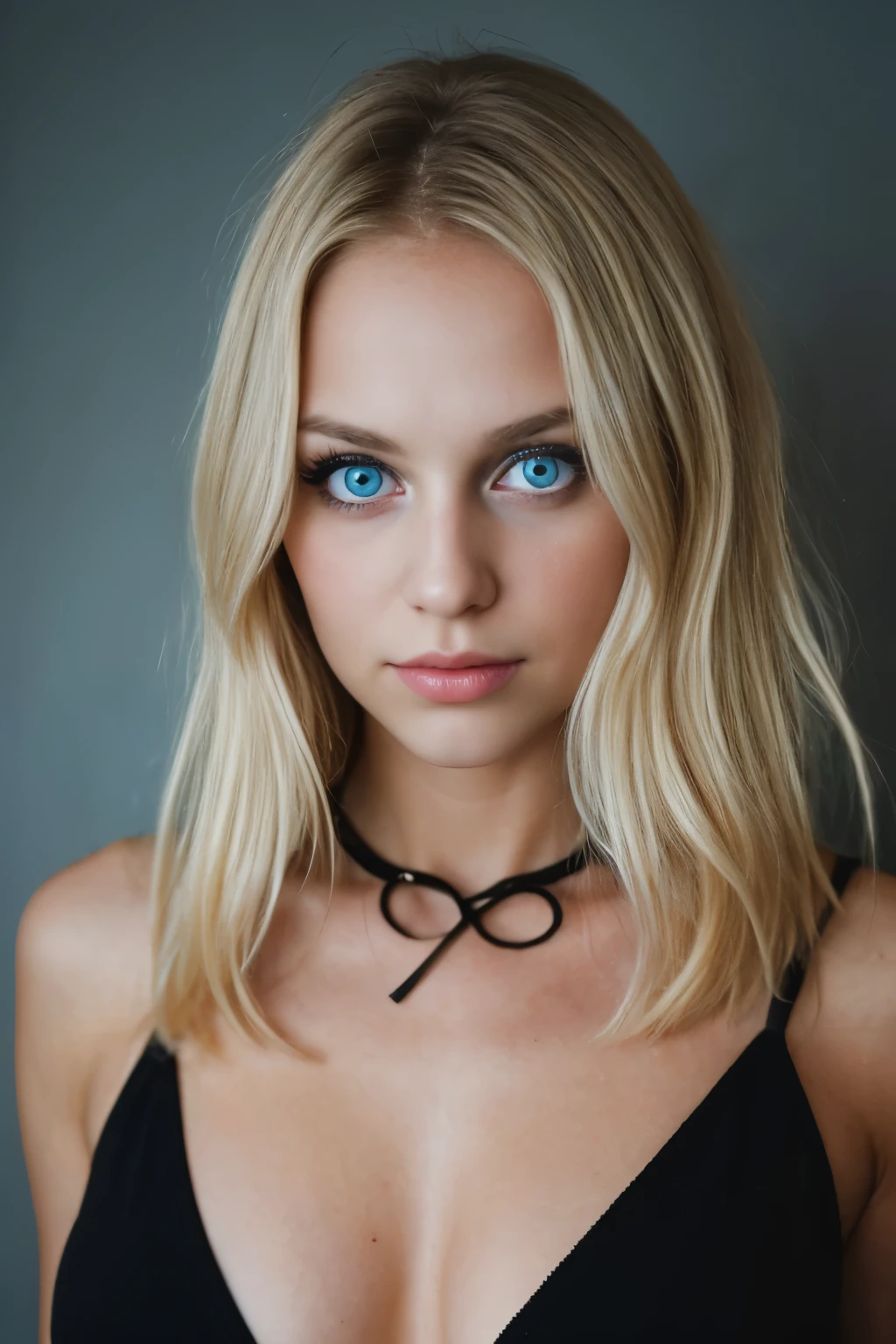 super cute blonde woman in a dark theme light blue eyes