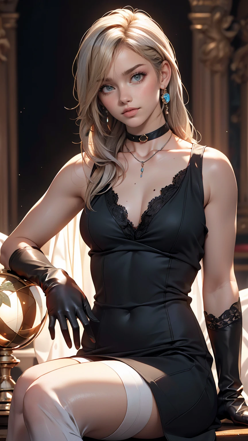 8K, RAW Photos, highest quality, masterpiece:1.2), (Realistic, photo-Realistic:1.37)、Earrings, eyelash, pantyhose、Sexy and provocative smile、 (Shiny skin:1.05)、Venus Body、Having her hair done、My chest is popping out、Wear accessories on your wrist、Wearing accessories on the ankle、Background blur((depth of field)、23 year old white female、Silver Hair、long hair、blue eyes、sleeveless little black dress((little black dress))Wear、Wear a black choker、Opera Globe((opera glove))put on one's arm