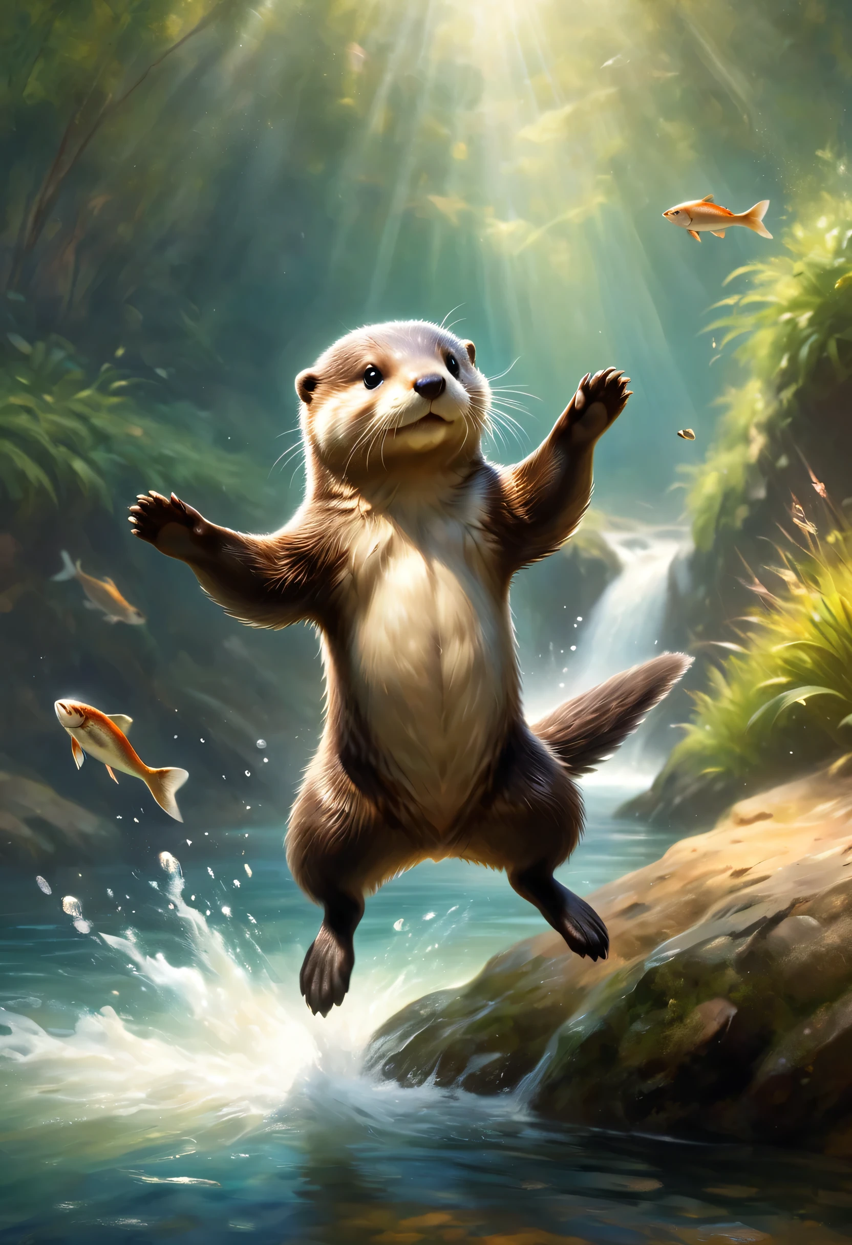 A cute otter greets the viewer, Pierre＝Art by Auguste Renoir and Jeremy Mann, (Viewpoint angle:1.2), Realistic, Ray Tracing, Beautiful lighting,masterpiece,river,Jumping fish,Otter dancing for joy,smile,Raise your hand