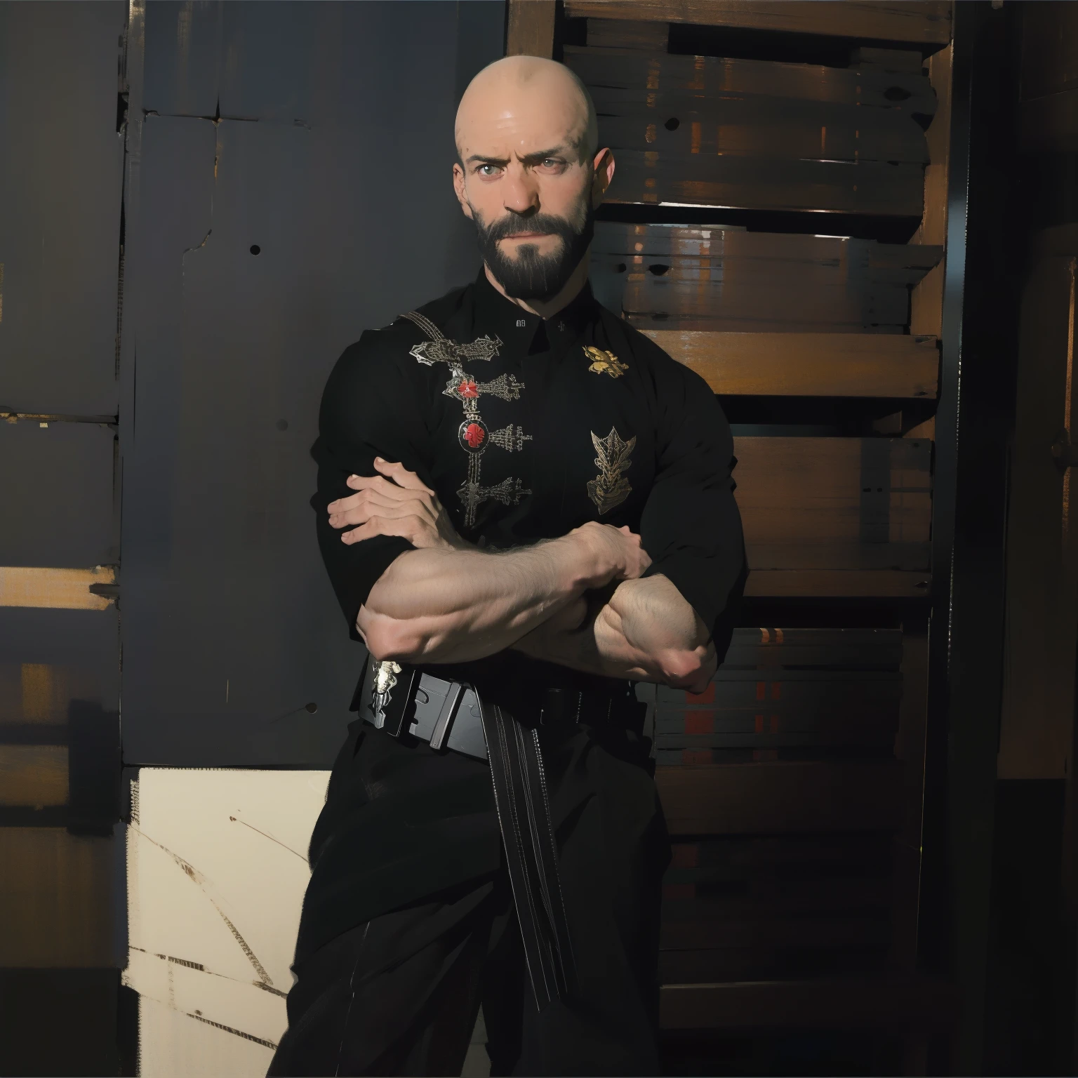 tall bald handsome man with beard, daddy, dark tattoos, lean fit body, black shirt, 30yo, dynamic lighting, lean body, black button up shirt, black belt, silver emblem on shirt, character sheet, full body shot, white tiger inspired armor, white tiger cape
