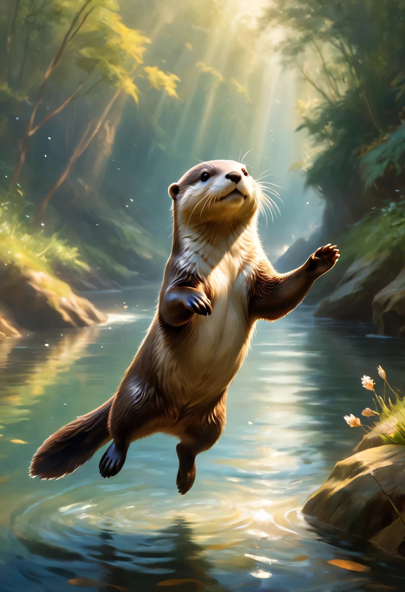 A cute otter greets the viewer, Pierre＝Art by Auguste Renoir and Jeremy Mann, (Viewpoint angle:1.2), Realistic, Ray Tracing, Beautiful lighting,masterpiece,river,Jumping fish,Otter dancing for joy,smile,Raise your hand