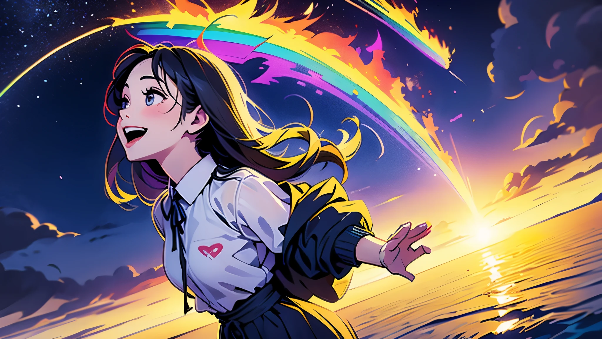 The girl holding a notebook happily flies to the sky,Meet the colorful rainbow,