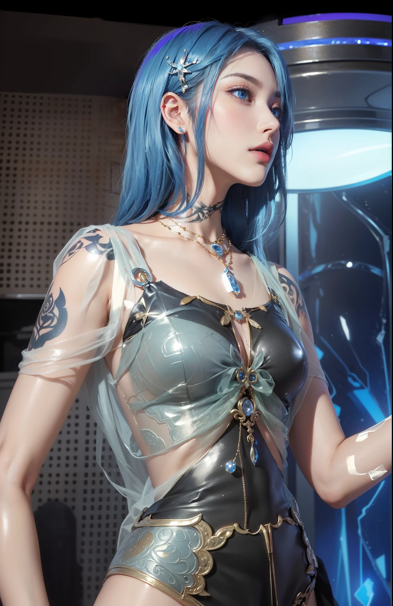 Super detailed, Delicate face, Realistic style, Stock Photography Shadow , Colorful, Surreal, Realistic textures, Dramatic Lighting, Thin Film Distiller 800 (8k, original photo, better quality, masterpiece: 1.2), Super detailed, (Extremely delicate skin: 1.2), 8k ultra high definition, SLR camera, Soft Light, high quality,Frozen queen,ice castle,Blue pupils,Apply red lipstick,Tattoo goddess,With tattoo pattern,Ultra-clear portrait,Apply lipstick,Wearing necklace jewelry,Apply lipstick,Wear heavy makeup,The facial texture is very clear,Exquisite tattoos on the body,Deep blue eyes(Sapphire-like pupils),Cyberpunk style,Ex Machina,High-tech scene