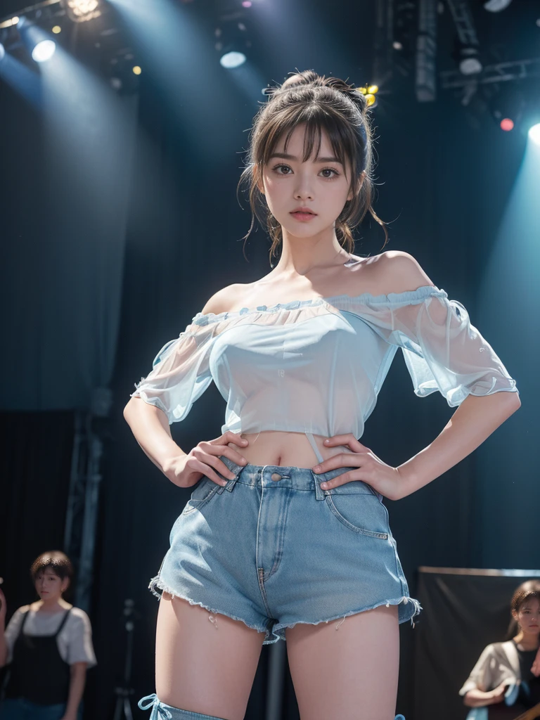 (8k、RAW Photos、highest quality、masterpiece:1.2)、(Realistic、Realistic)、1 girl、((Off the shoulder、Light blue、ribbon、See-through、Shorts、、boots、Large Breastedium Hair、View from the front、stage、Spotlight、Standing with hands on hips))、Lots of eyelashes、Glowing eyelids、skeletally correct,Smooth underarms