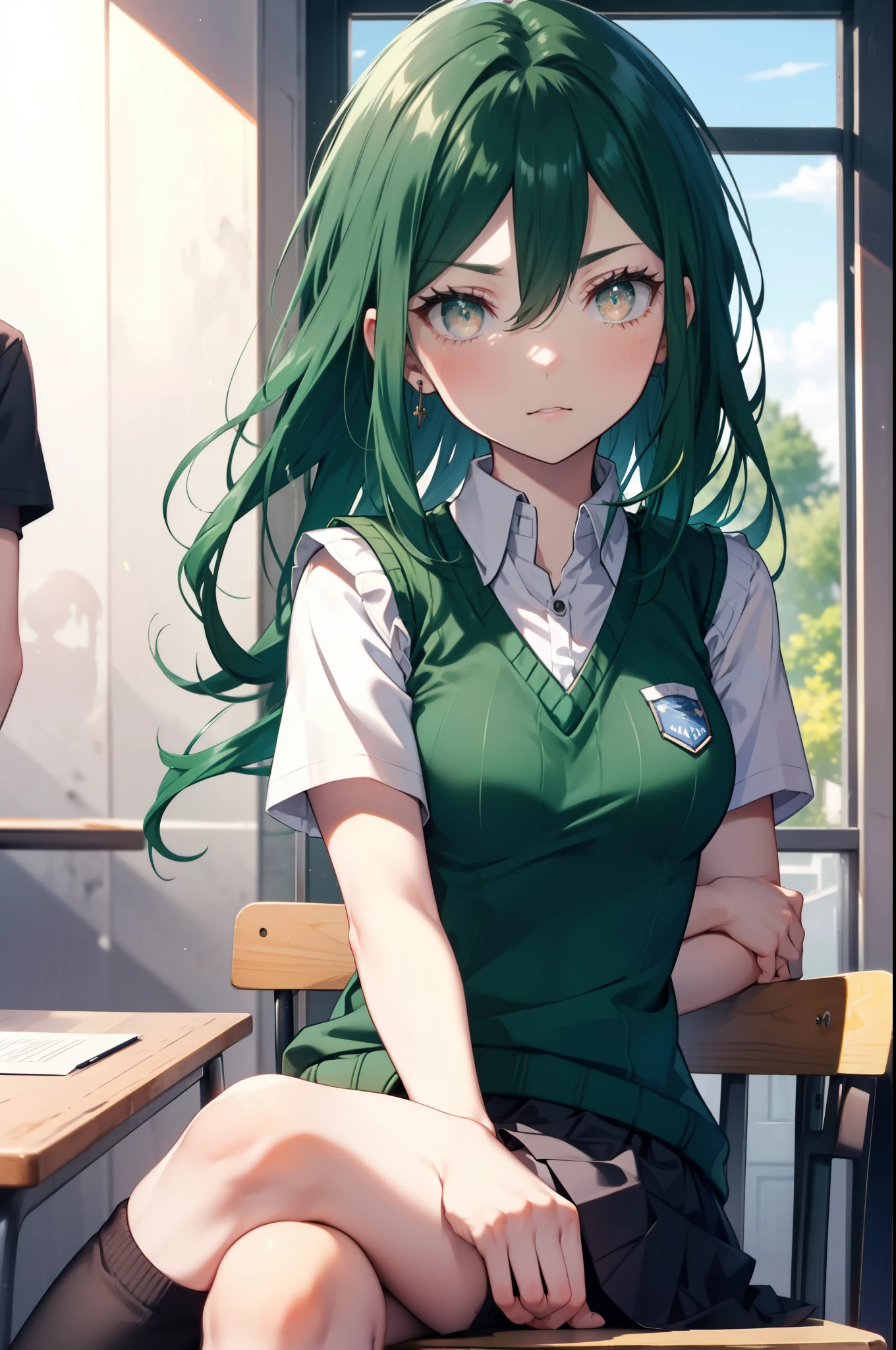 CruschKarsten, Crusch Karsten, Long Hair, Hair between the eyes, Green Hair, (Brown eyes:1.4),serious,
Armband, White shirt,Short sleeve,Sweater vest, (green Sweater vest:1.5),Black pleated skirt,Black socks,Brown Loafers,Arms crossed,sit cross-legged on a chair,whole bodyがイラストに入るように,
break indoors, School　classroom,
break looking at viewer,whole body,
break (masterpiece:1.2), highest quality, High resolution, unity 8k wallpaper, (shape:0.8), (Beautiful and beautiful eyes:1.6), extレムely detailed face, Perfect lighting, extレムely detailed CG, (Perfect hands, Perfect Anatomy),