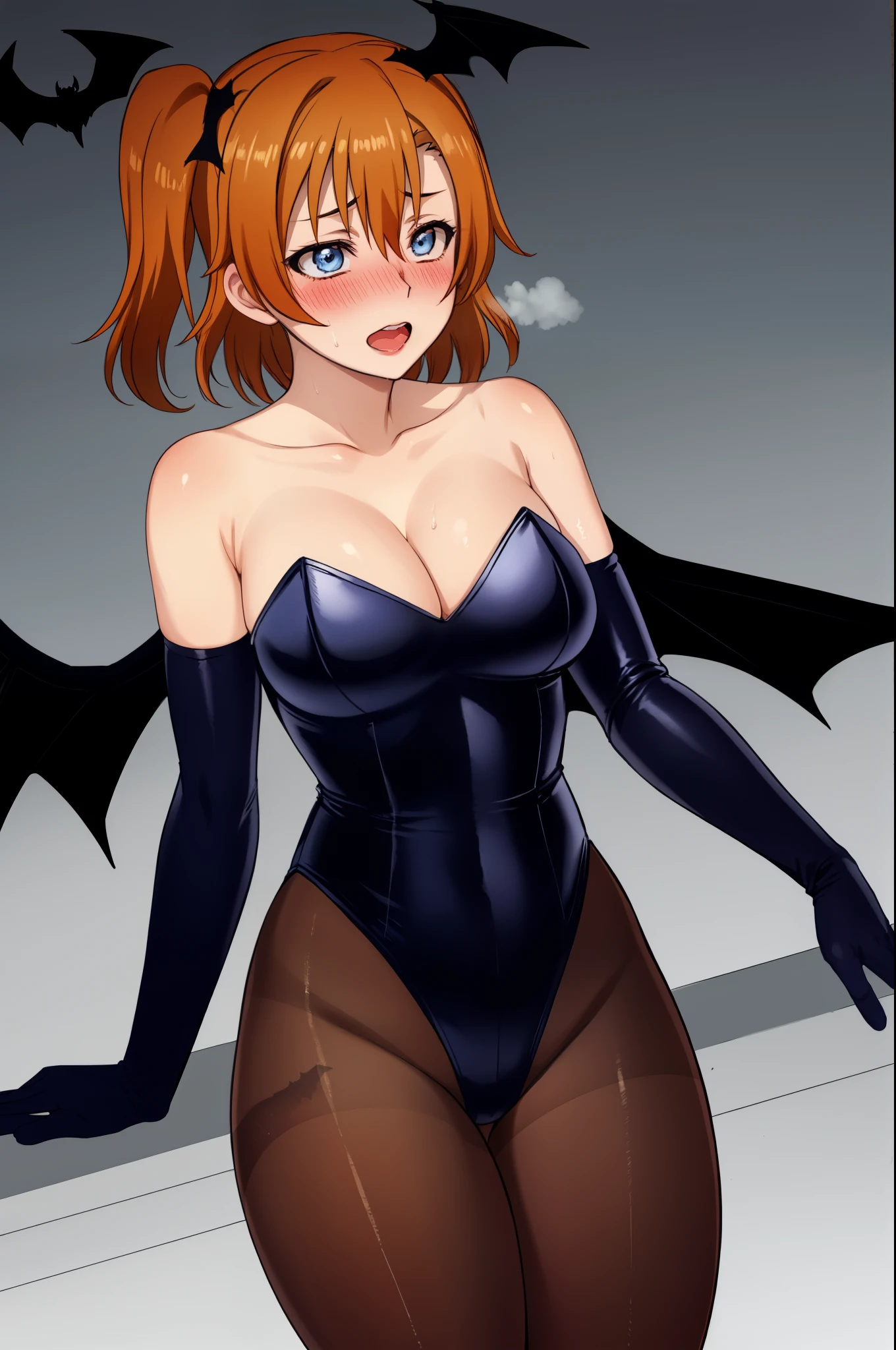 Solo, kousaka honoka, blue eyes, breasts, blush, short_hair, open_mouth, bangs, large_breasts, cleavage, leotard, strapless , elbow gloves, pantyhose,bat wings,sweaty, thighs