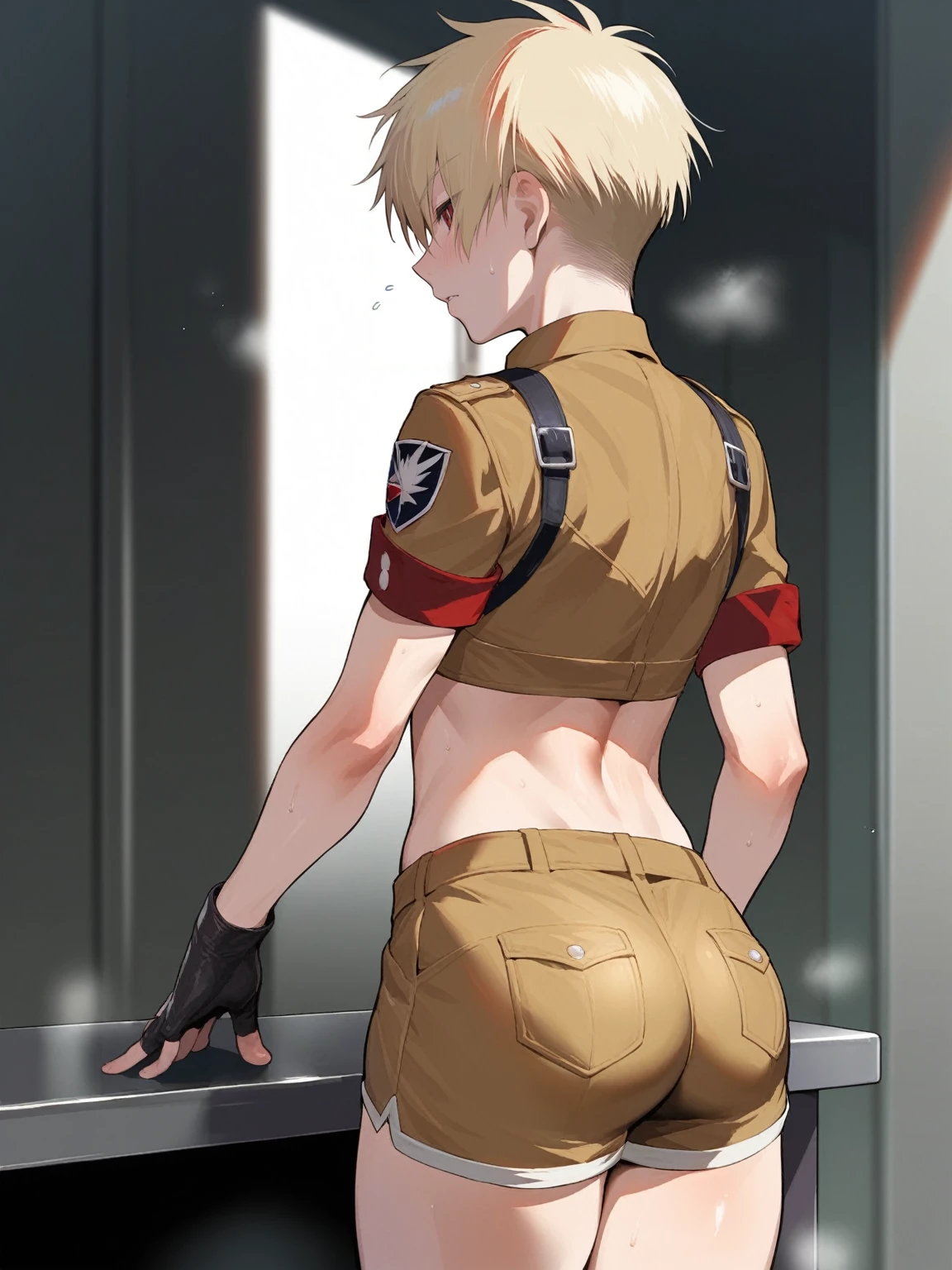score_9, score_8_up, source_anime, standing, hellsing, seras, femboy, twink, shorts, otoko no, crop top, indoors, ikuchan, ass