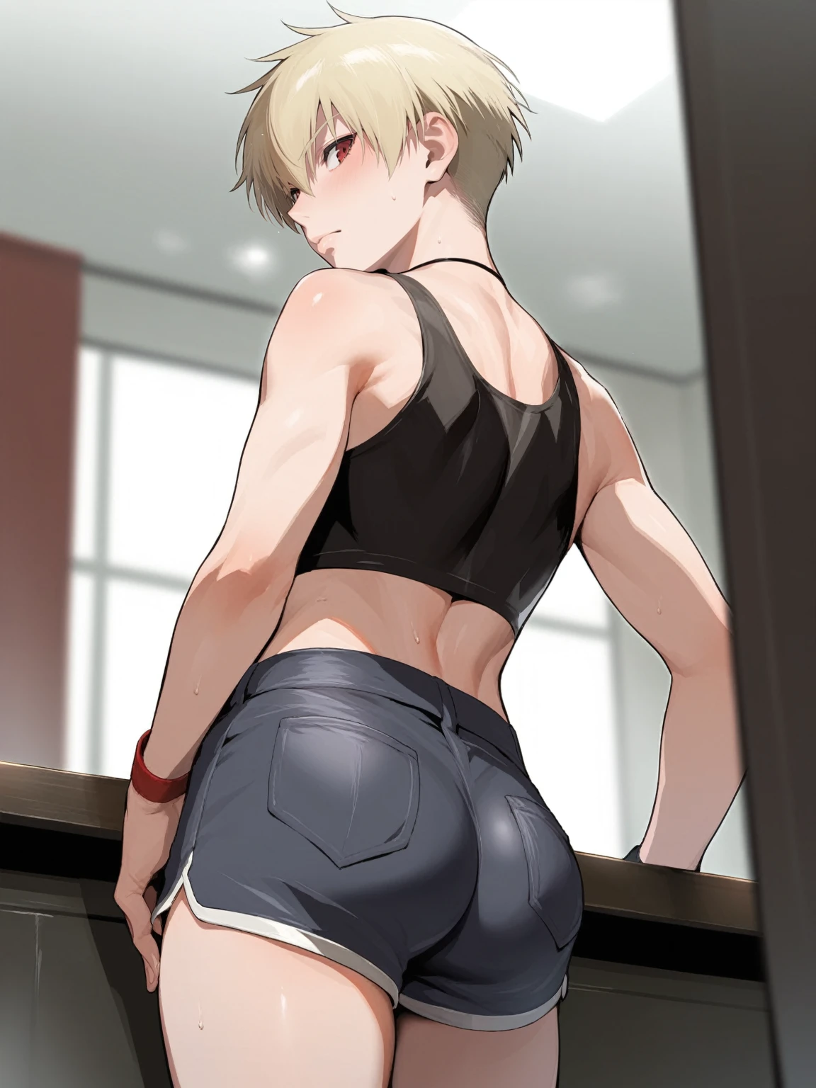 score_9, score_8_up, source_anime, standing, hellsing, seras, femboy, twink, shorts, otoko no, crop top, indoors, ikuchan, ass