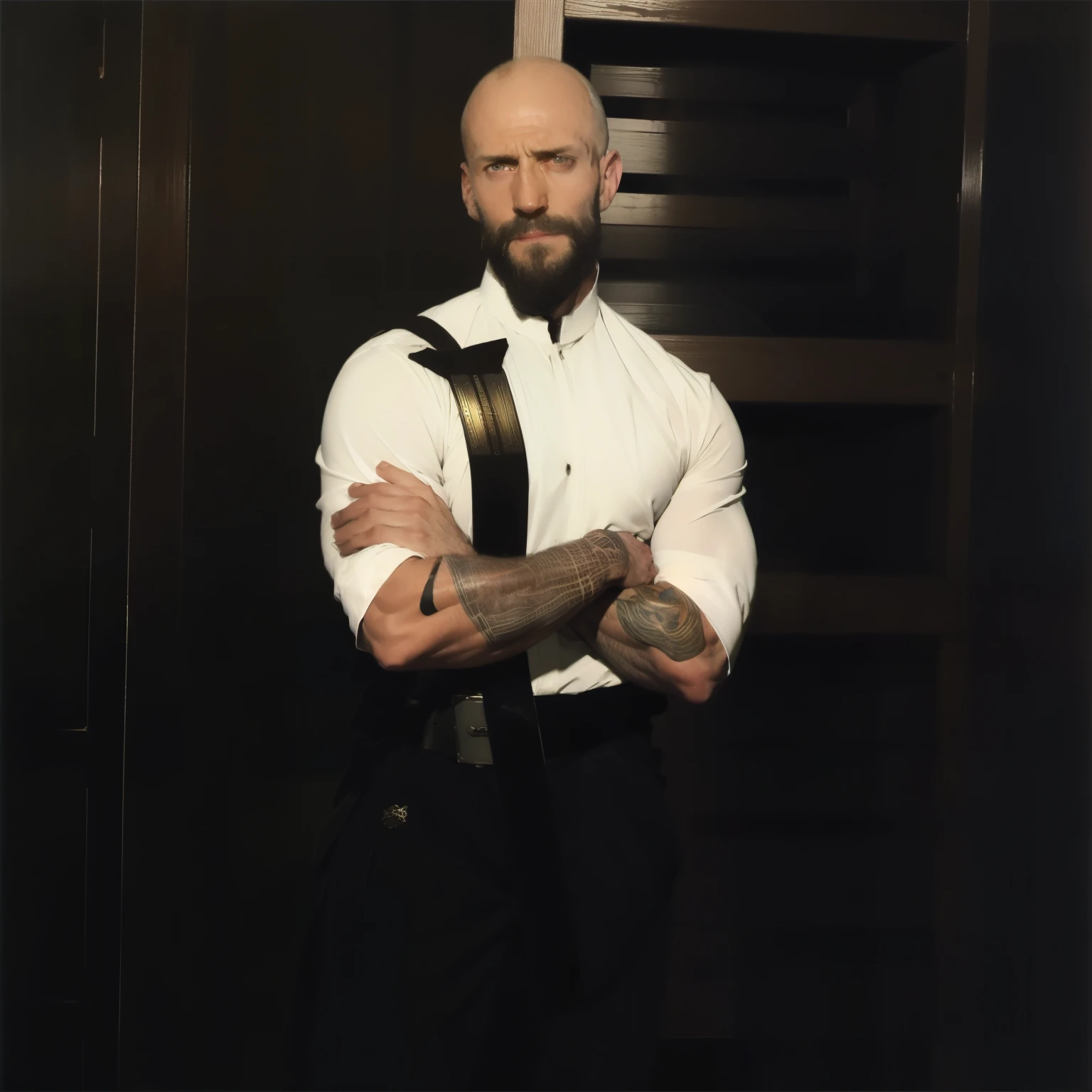 tall bald handsome man with beard, daddy, dark tattoos, lean fit body, black shirt, 30yo, dynamic lighting, lean body, black button up shirt, black belt, silver emblem on shirt, character sheet, full body shot, white tiger inspired armor, white tiger cape
