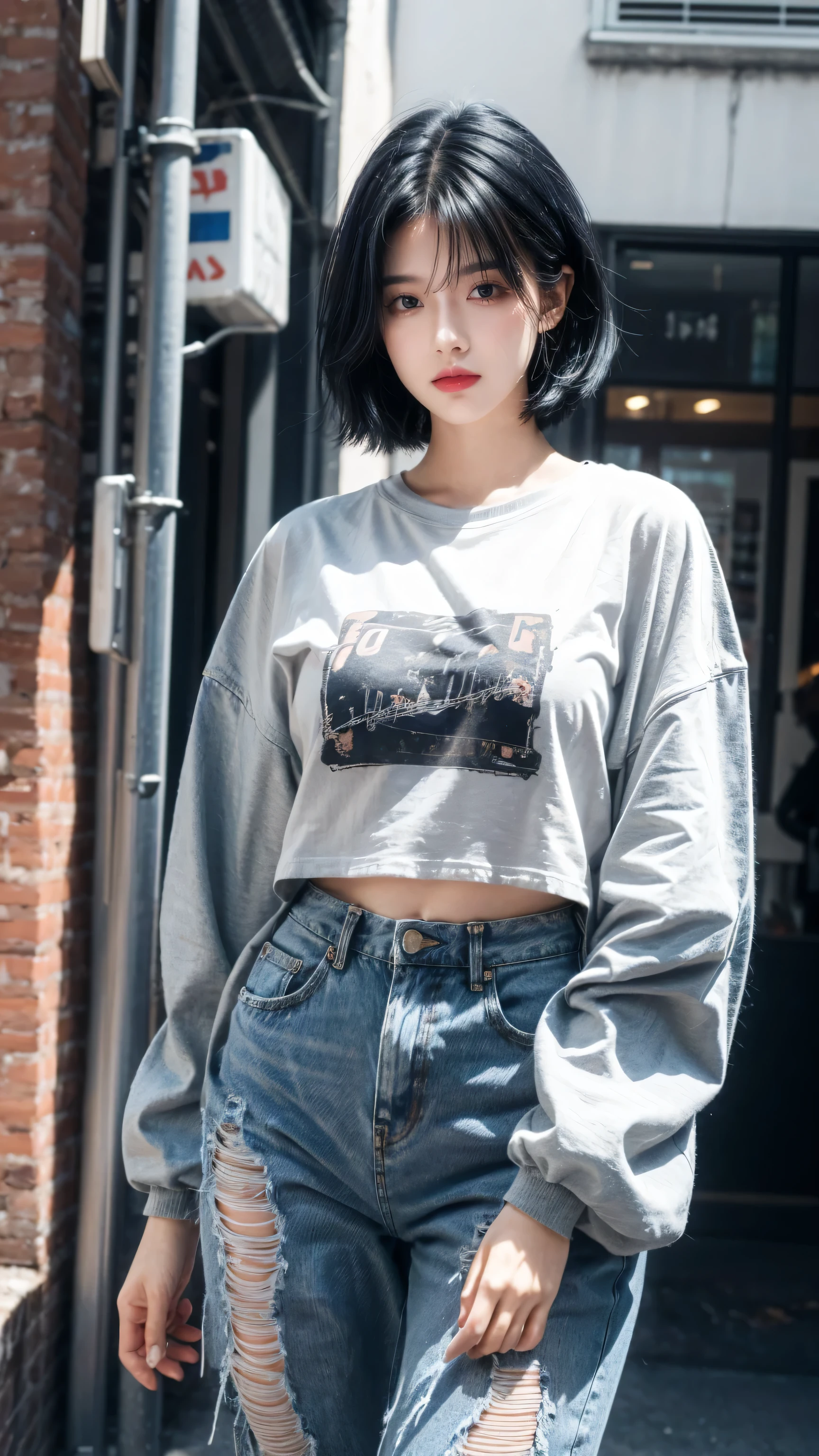 best quality, 1 Girl, dark blue hair, black eyes, Very short hair, Spiky hair, oversize t-shirt, High waist short jeans, 171 cm, Messy hair, Hair between the eyes, Medium breasts, full, Tomboy, aldult, 20 years old, 1 Girl