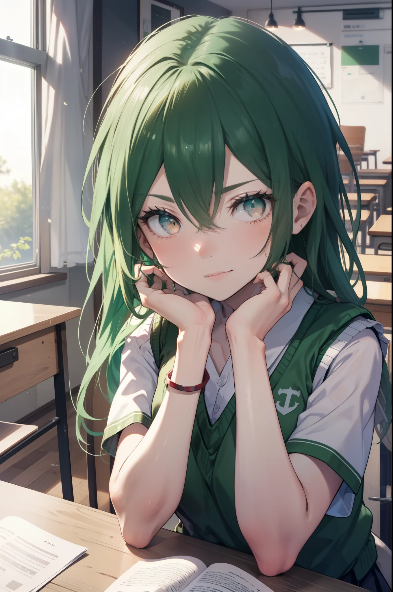 CruschKarsten, Crusch Karsten, Long Hair, Hair between the eyes, Green Hair, (Brown eyes:1.4),serious,
Armband, White shirt,Short sleeve,Sweater vest, (green Sweater vest:1.5),Black pleated skirt,Black socks,Brown Loafers,Arms crossed,sit cross-legged on a chair,whole bodyがイラストに入るように,
break indoors, School　classroom,
break looking at viewer,whole body,
break (masterpiece:1.2), highest quality, High resolution, unity 8k wallpaper, (shape:0.8), (Beautiful and beautiful eyes:1.6), extレムely detailed face, Perfect lighting, extレムely detailed CG, (Perfect hands, Perfect Anatomy),