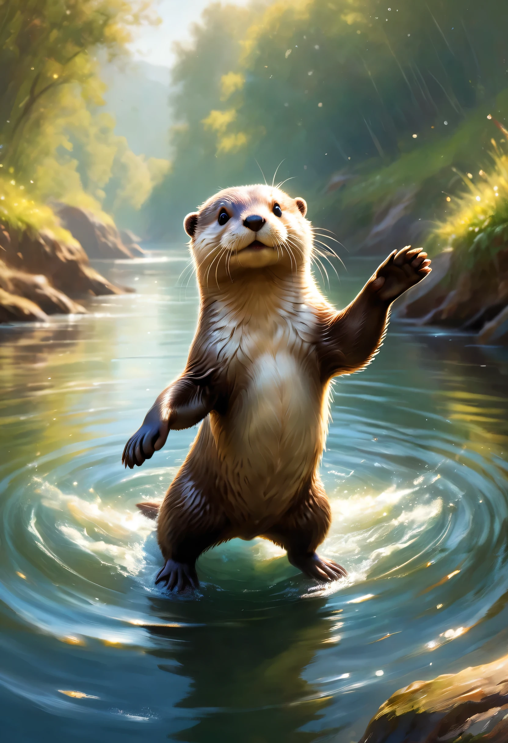 A cute otter greets the viewer, Pierre=Art by Auguste Renoir and Jeremy Mann, (Viewpoint angle:1.2), Realistic, Ray Tracing, Beautiful lighting,masterpiece,river,Jump,Otter dancing for joy,smile,Raise your hand,Splash,Sparkling,reflection