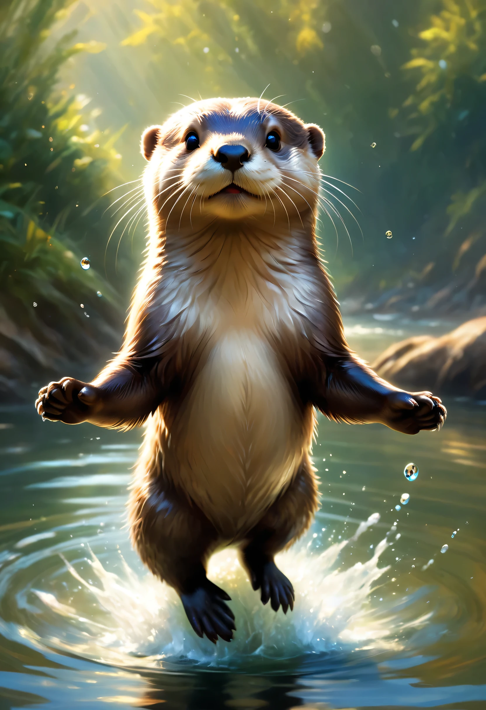 A cute otter greets the viewer, Pierre=Art by Auguste Renoir and Jeremy Mann, (Viewpoint angle:1.2), Realistic, Ray Tracing, Beautiful lighting,masterpiece,river,Jump,Otter dancing for joy,smile,Raise your hand,Splash,Sparkling,reflection