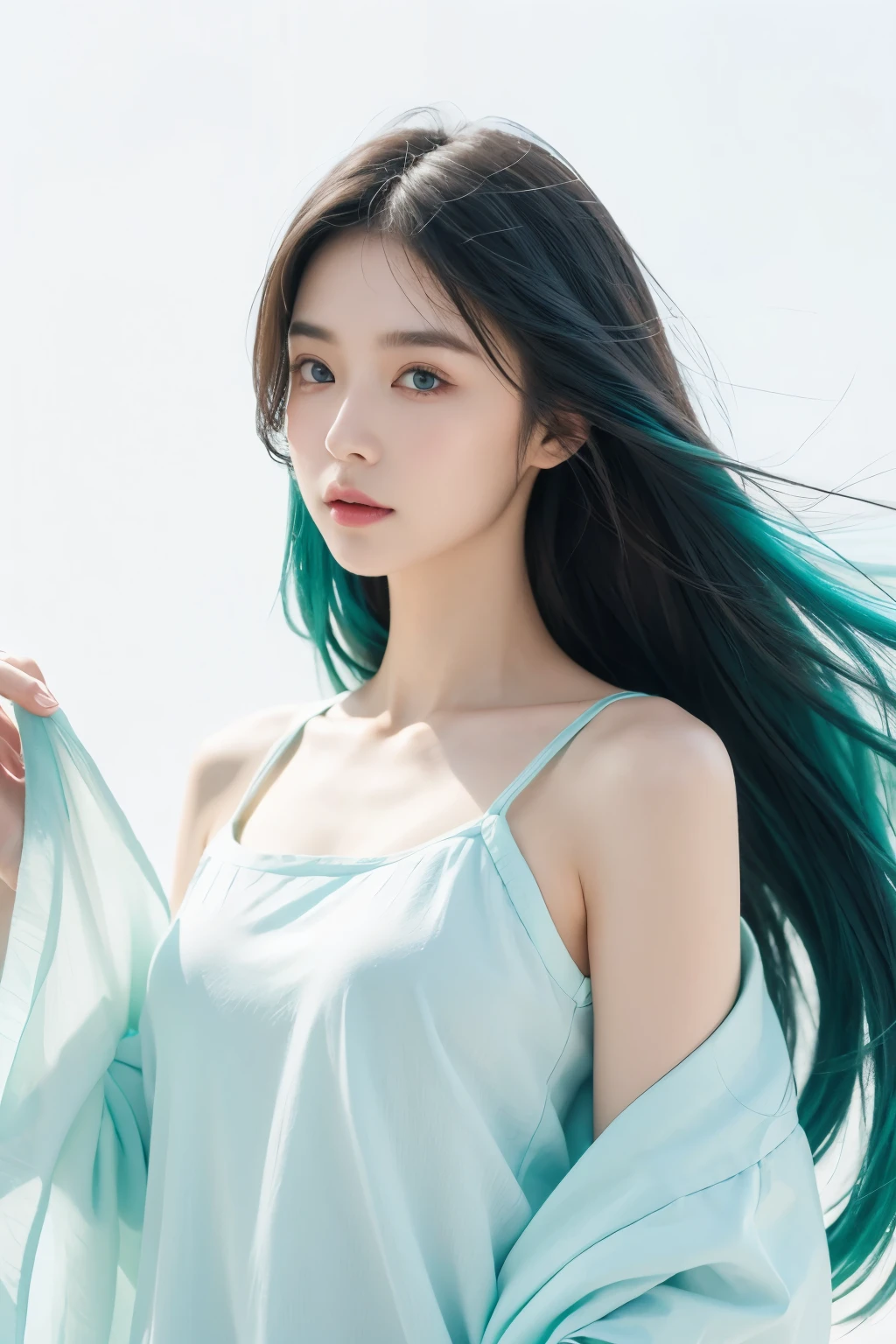 Flowing blue-green ink stains white background