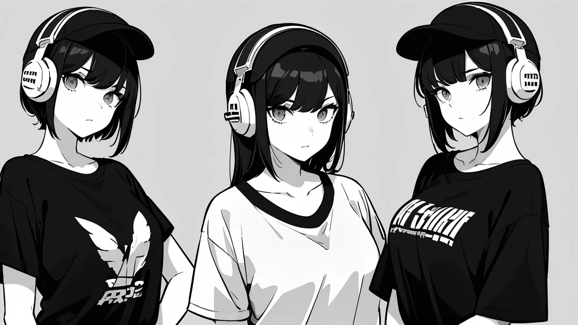girl, Landscape Portrait, Black and White, Messy Short Hair, Spicy Accessories, Sporty style, Casual T-shirt, A confident gaze, Monochrome color scheme, Look to the side, Chic street fashion, Posing with hands in pockets, cap,((people々)),Over-Ear Headphones, Large ear pads, Gorgeous Long Hair