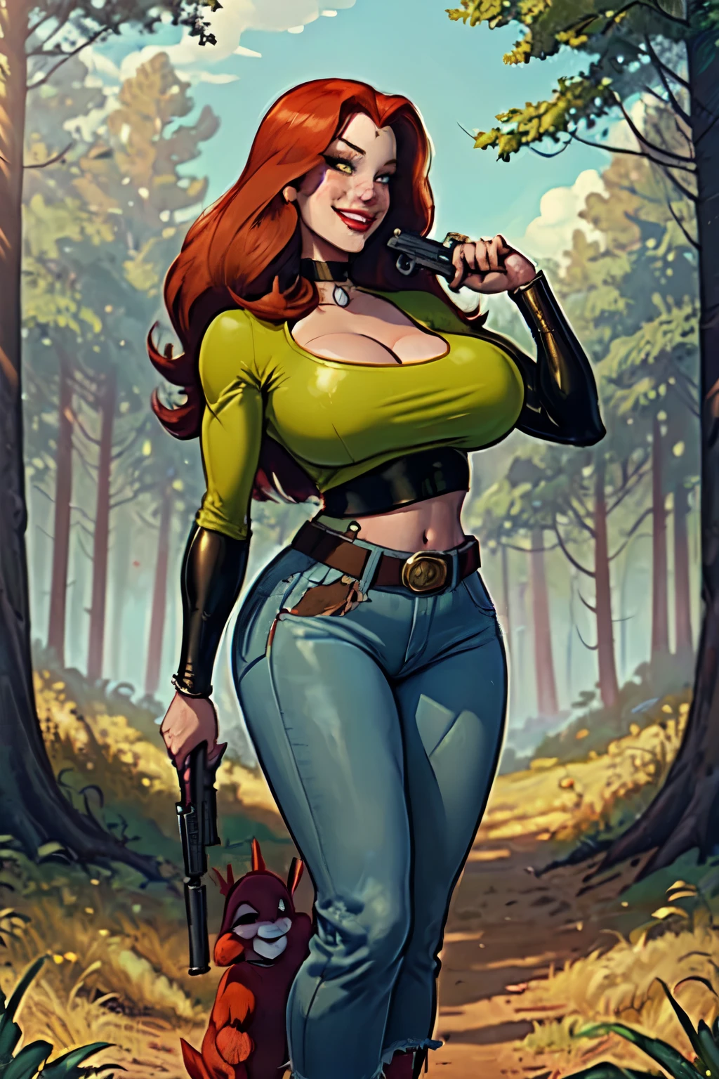 (masterpiece, best quality:1.2), solo, 1girl, Jessica Rabbit, smile, looking at viewer, holding gun, crop top, pants, choker, belt, midriff, 
((gigantic breasts)),
open field, forest